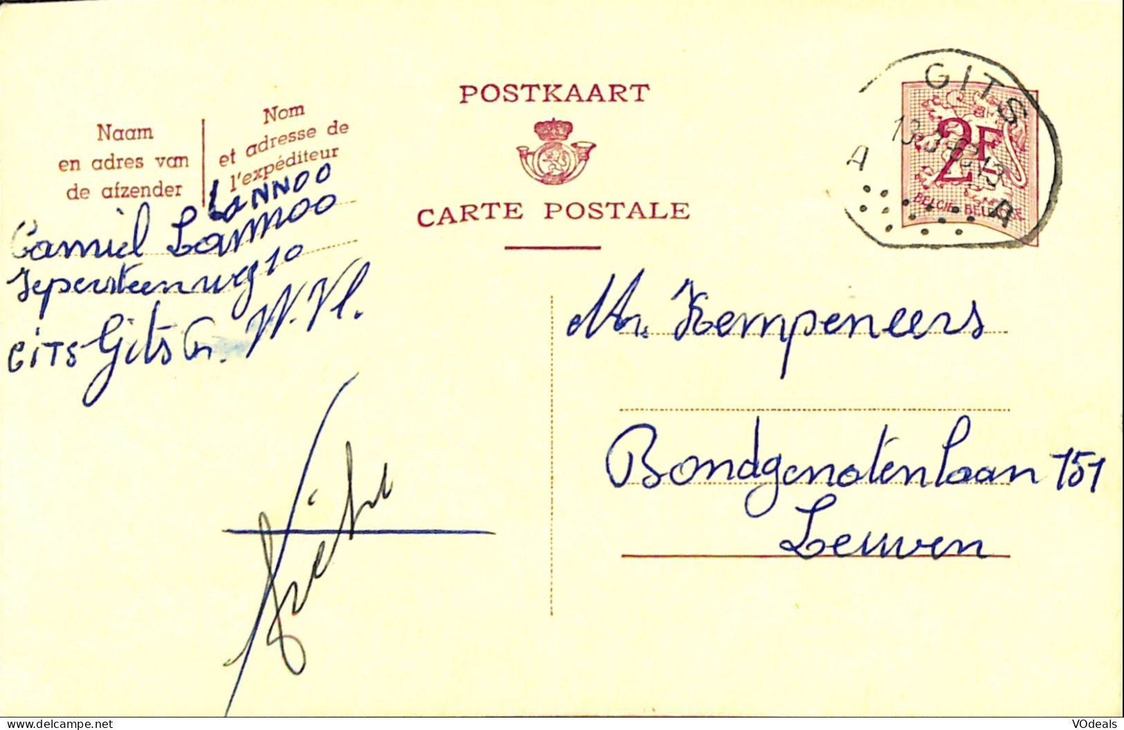 Belgique - Carte Postale - Entier Postal - 1963 -Gits à Leuven - 2 Francs - Postkarten 1951-..