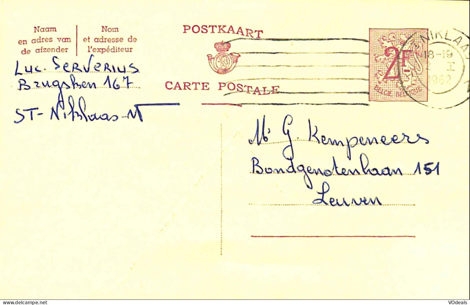 Belgique - Carte Postale - Entier Postal - 1962 - St-Niklaas - Leuven - 2 Francs - Tarjetas 1951-..