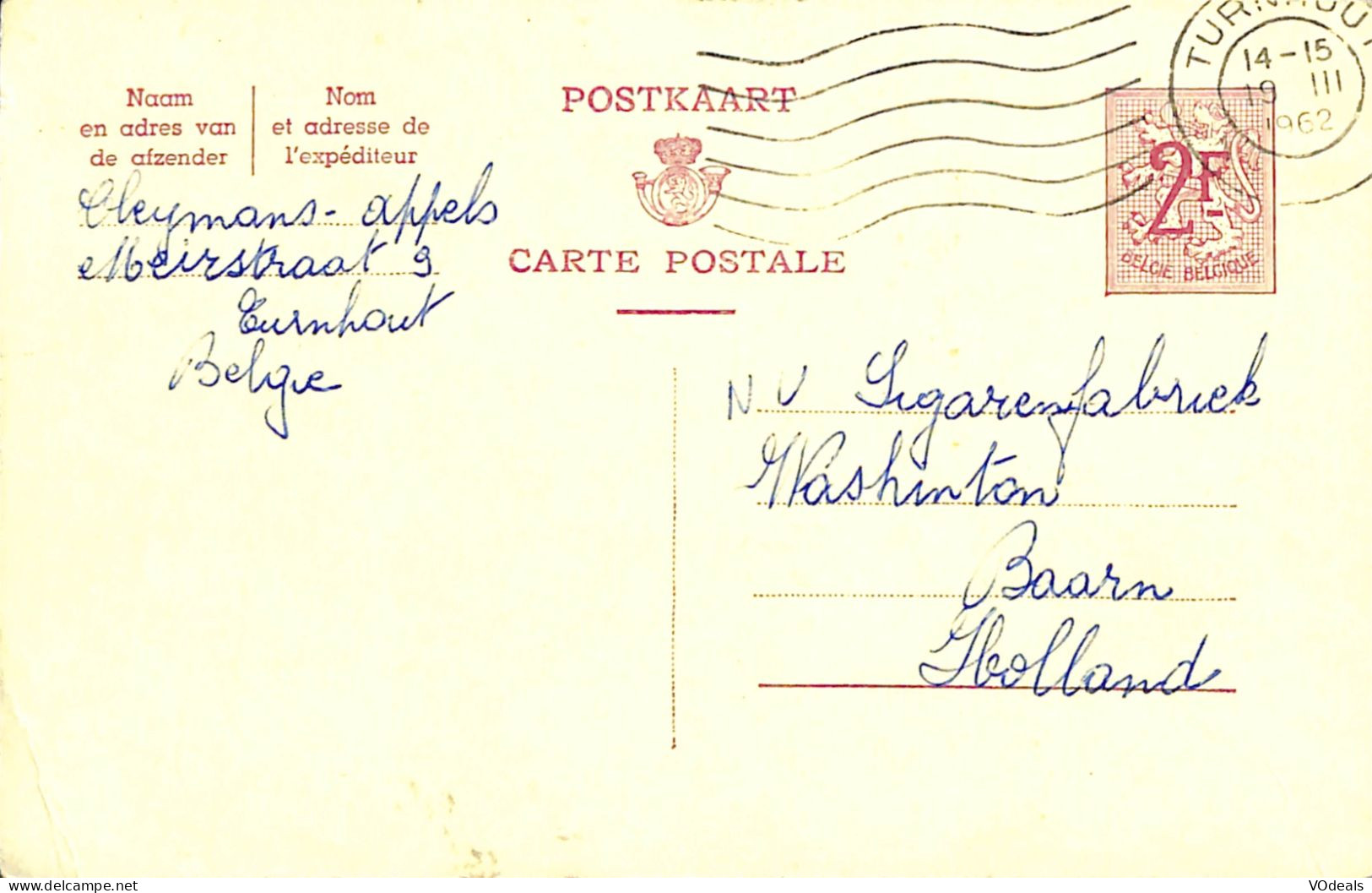 Belgique - Carte Postale - Entier Postal - 1962 - Turnhout à Baarn (Holland) - 2 Francs - Postcards 1951-..