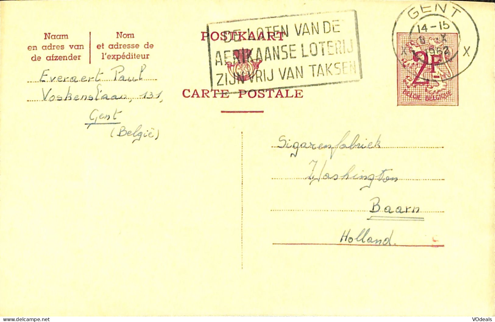 Belgique - Carte Postale - Entier Postal - 1962 - Gent à Baarn (Holland) - 2 Francs - Briefkaarten 1951-..