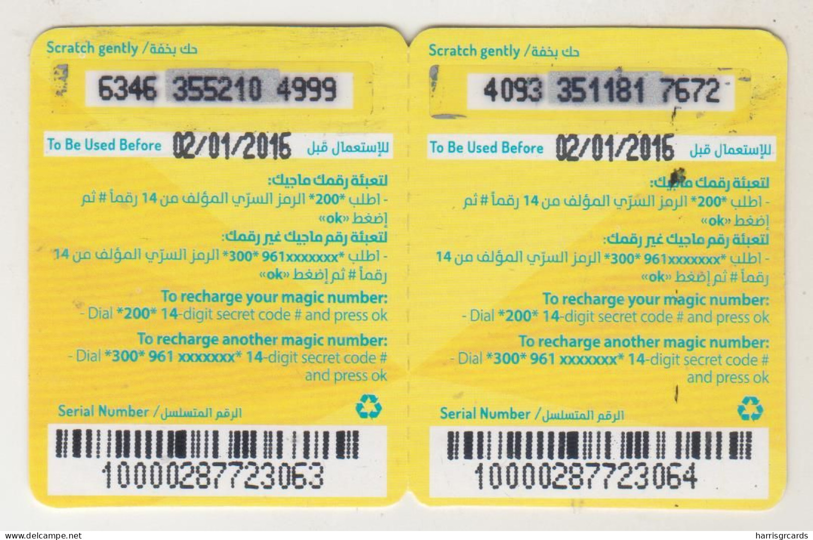 LEBANON - Magic (Half Size X2) , MTC Touch Recharge Card 11.36$, Exp.date 02/01/16, Used - Lebanon