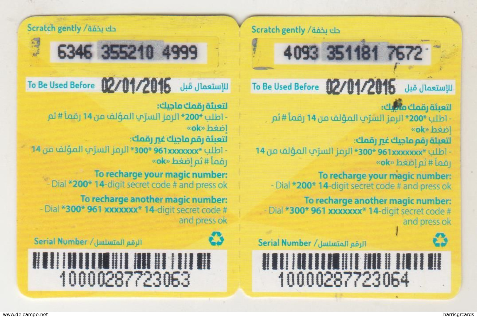 LEBANON - Magic (Half Size X2) , MTC Touch Recharge Card 11.36$, Exp.date 02/01/16, Used - Libano