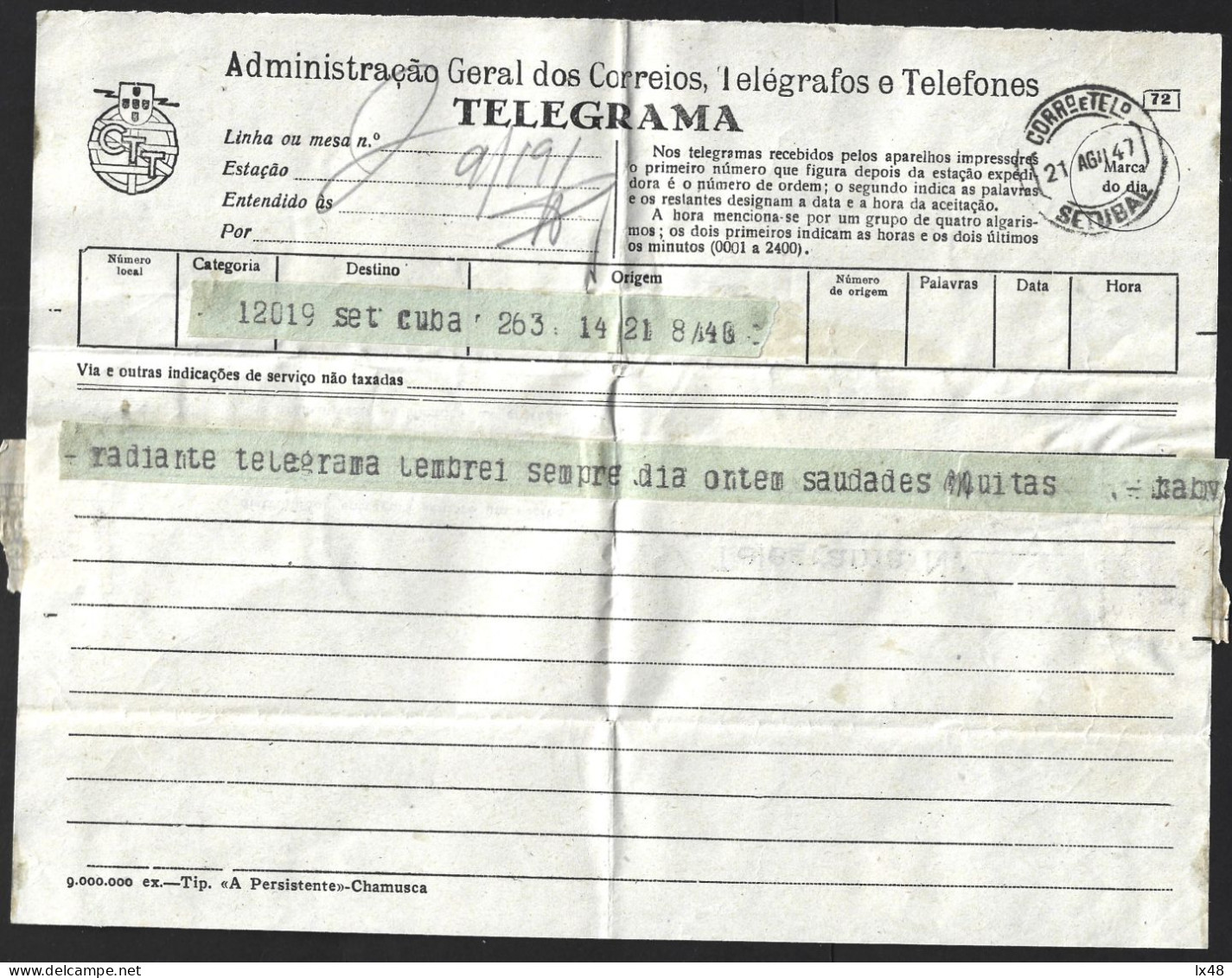 Telegrama Com Obliteração De Setúbal De 1947. Alferes Rosa, Guarda Republicana De Setúbal. Obliteration Telegram Setúbal - Lettres & Documents