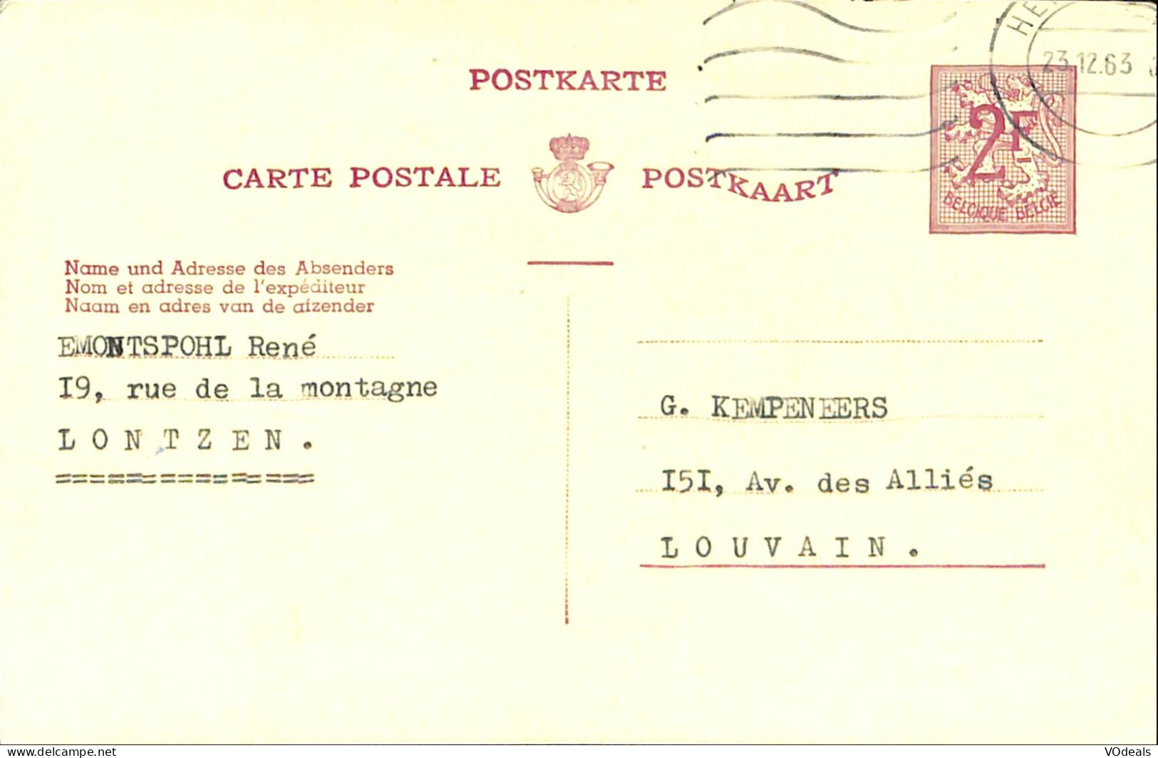 Belgique - Carte Postale - Entier Postal - 1963 - Lontzen - Louvain - 2 Francs - Cartes Postales 1951-..