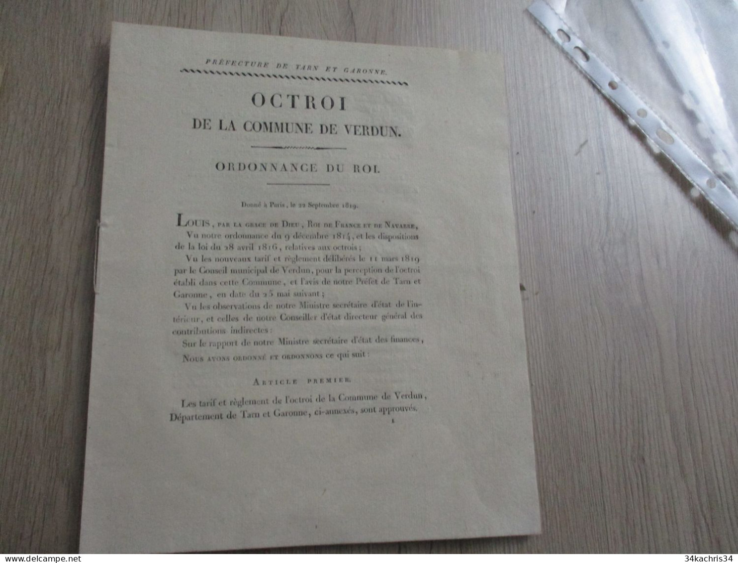 Ordonnance Du Roi Octroi De La Commune De Verdun Tarn Et Garonne 22/09/1819 Règlement - Decrees & Laws