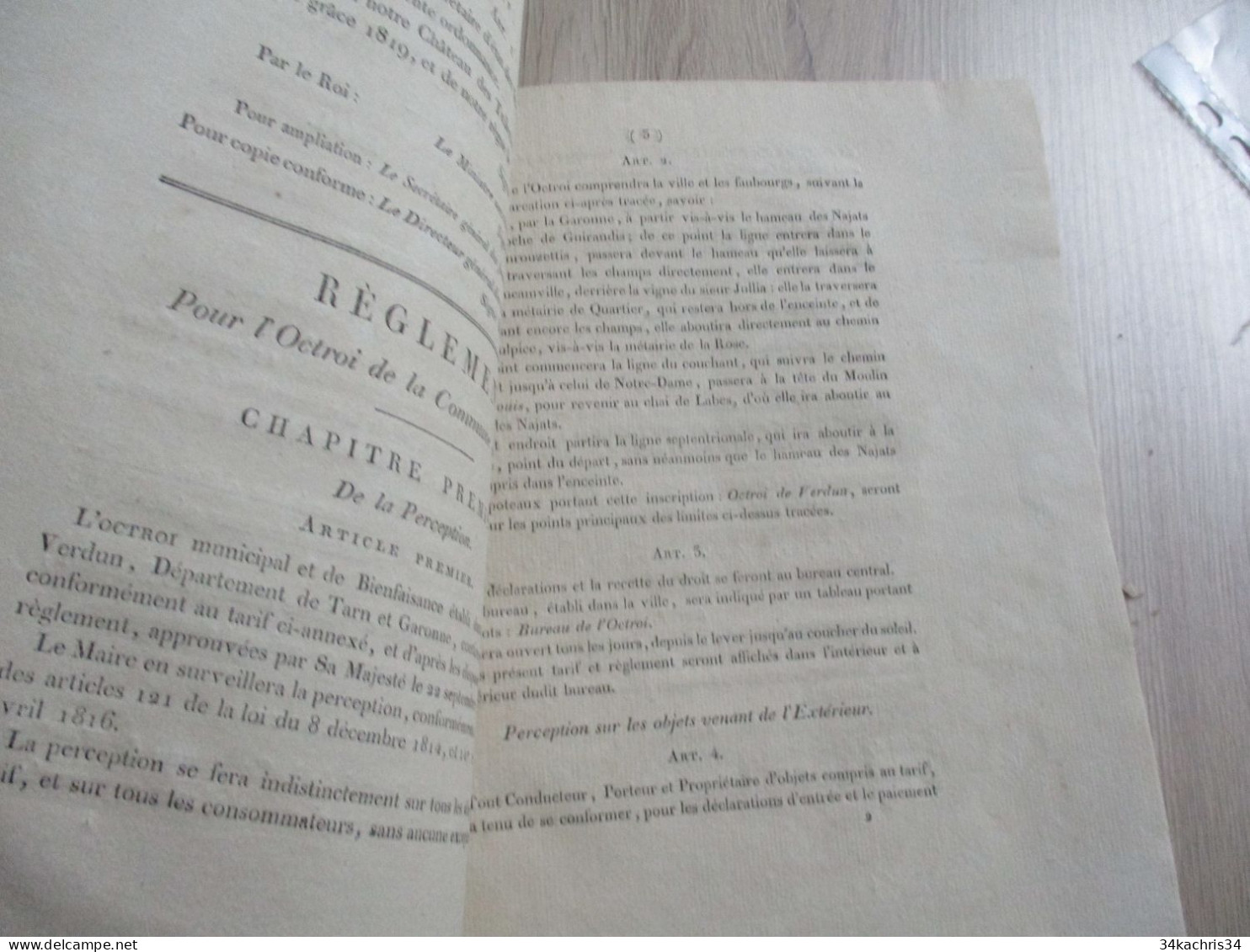 Ordonnance Du Roi Octroi De La Commune De Verdun Tarn Et Garonne 22/09/1819 Règlement - Decrees & Laws