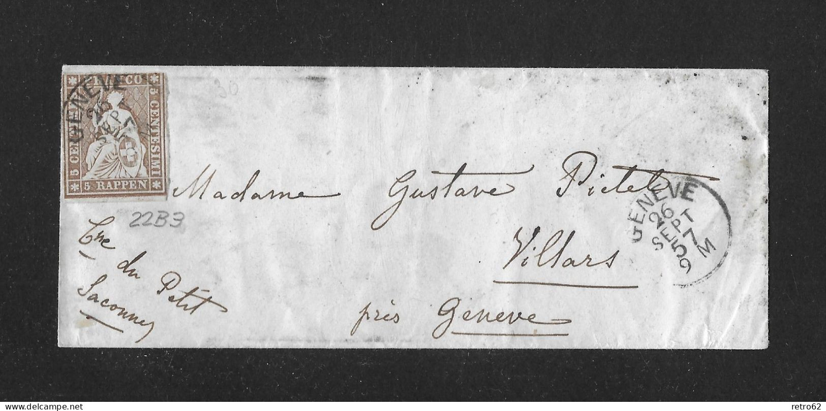 1857 HEIMAT GENÈVE ► Briefumschlag Von Genève Nach Villars    ►SBK-22B3 Grnève 26 SEPT 57 Guter Schnitt◄ - Lettres & Documents