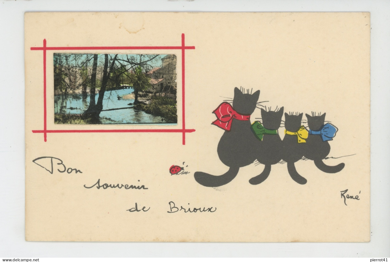 BRIOUX SUR BOUTONNE - Jolie Carte Fantaisie Avec Chats Noirs Et Coccinelle "Bon Souvenir De BRIOUX " Signée RENÉ - Brioux Sur Boutonne