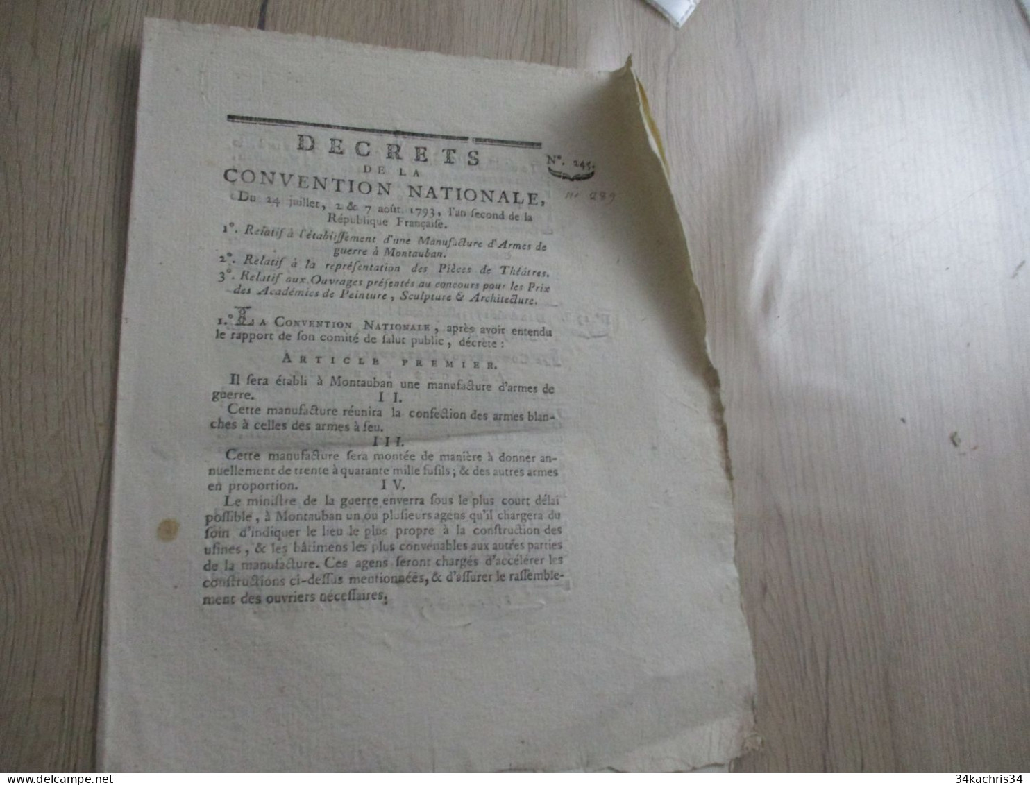 Décret De La Convention Nationale 1793 Manufacture D'Armes Montauban; Pièces De Théâtre, Concours Arts - Decrees & Laws
