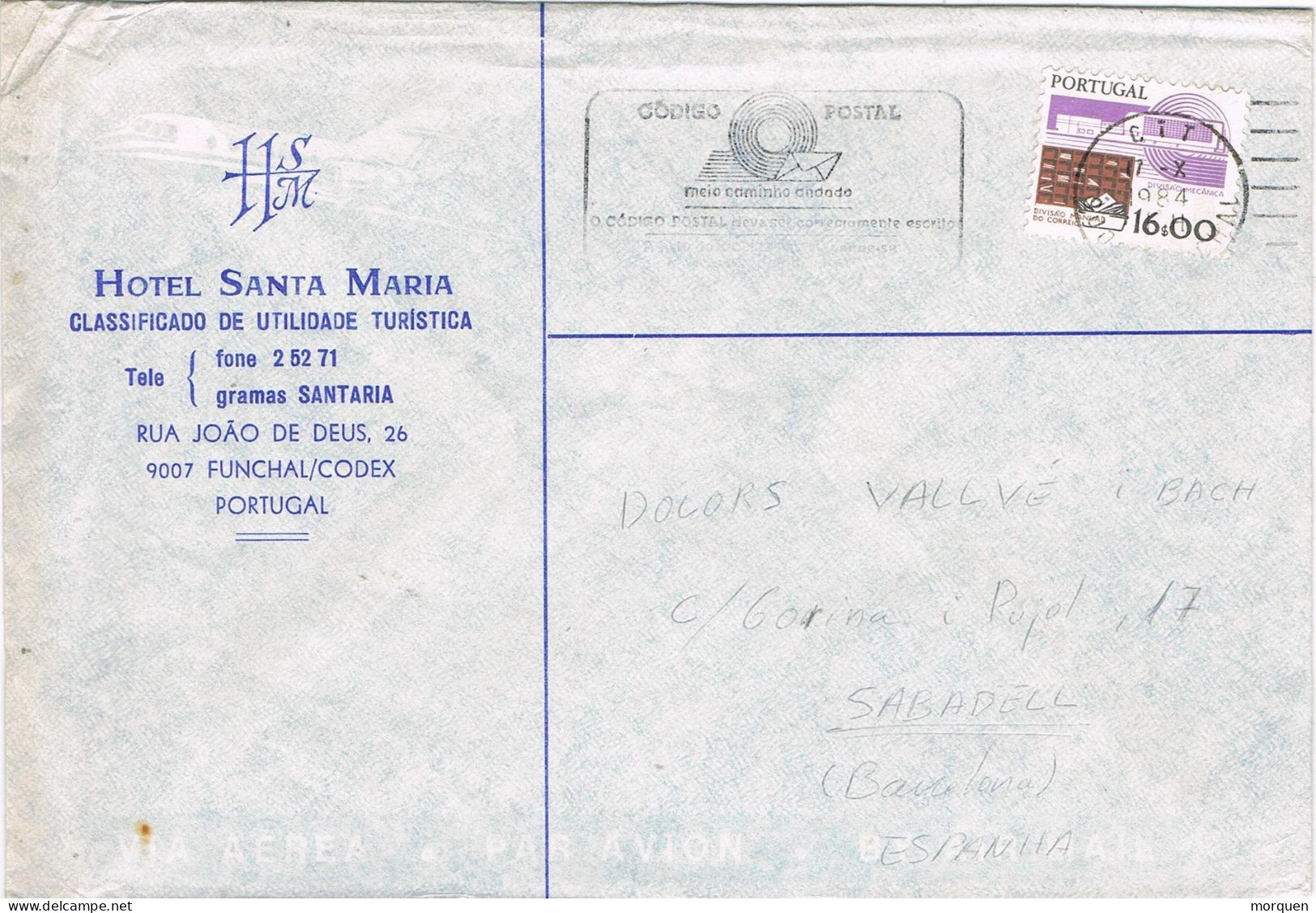 54249. Carta Aerea FUNCHAL (Portugal) 1984. Comercial HOTEL Santa Maria - Brieven En Documenten