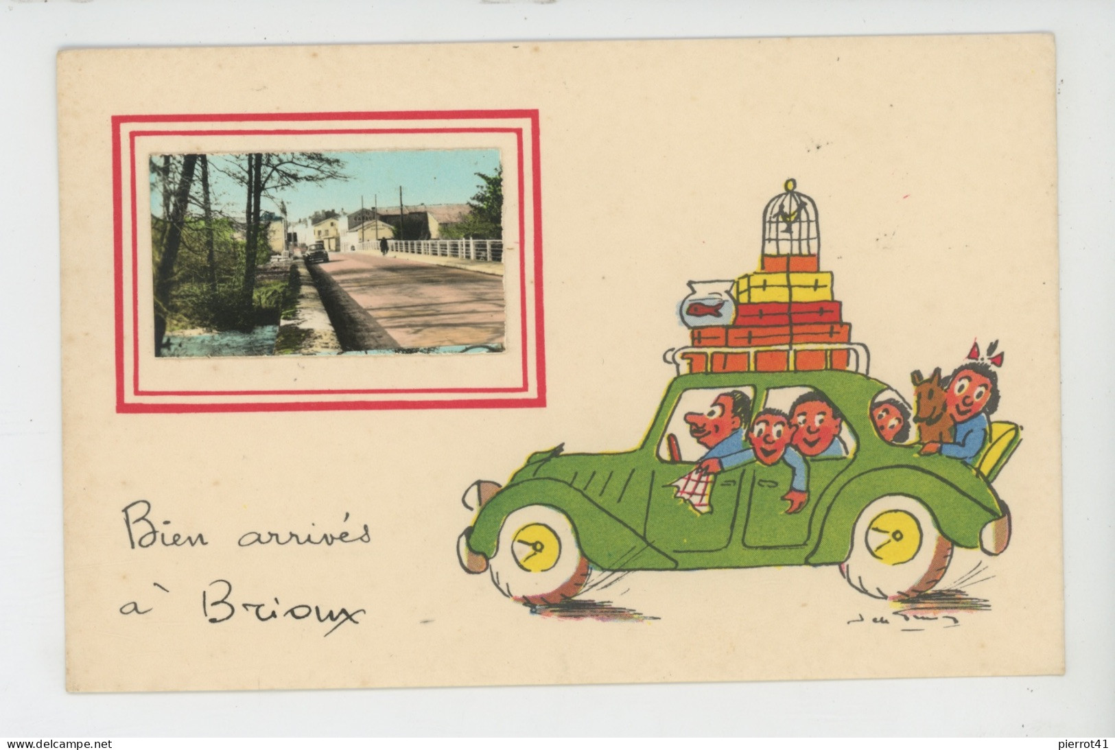 BRIOUX SUR BOUTONNE - Jolie Carte Famille Dans Automobile Vue De Brioux "Bien Arrivés à BRIOUX " Signée JEAN DE PREISSAC - Brioux Sur Boutonne