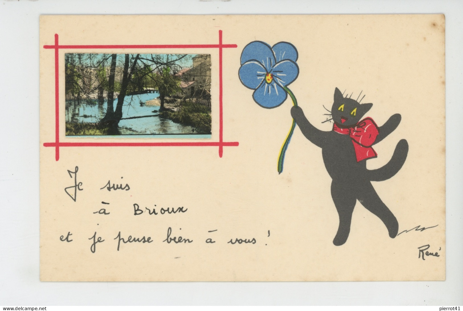 BRIOUX SUR BOUTONNE - Jolie Carte Fantaisie Avec Chat Noir "Je Suis à Brioux Et Je Pense Bien à Vous " Signée RENÉ - Brioux Sur Boutonne