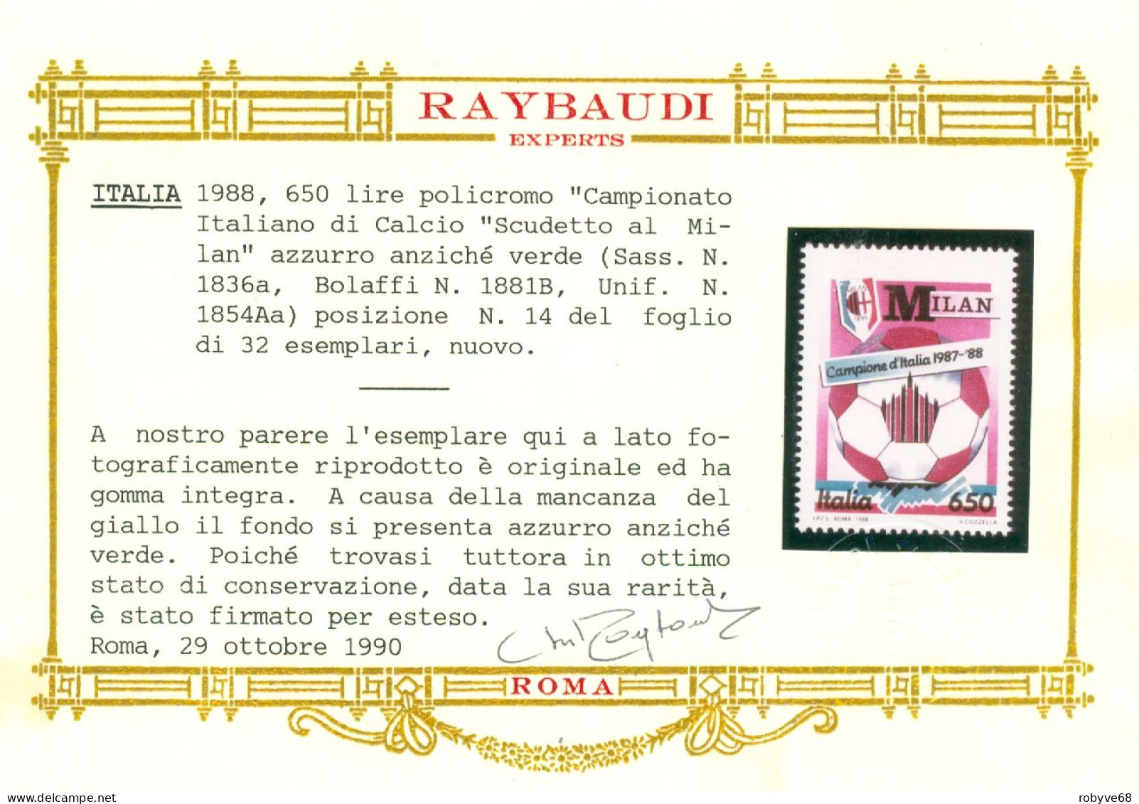 Milan Azzurro MNH - Certificato Oro Raybaudi - 1981-90: Neufs