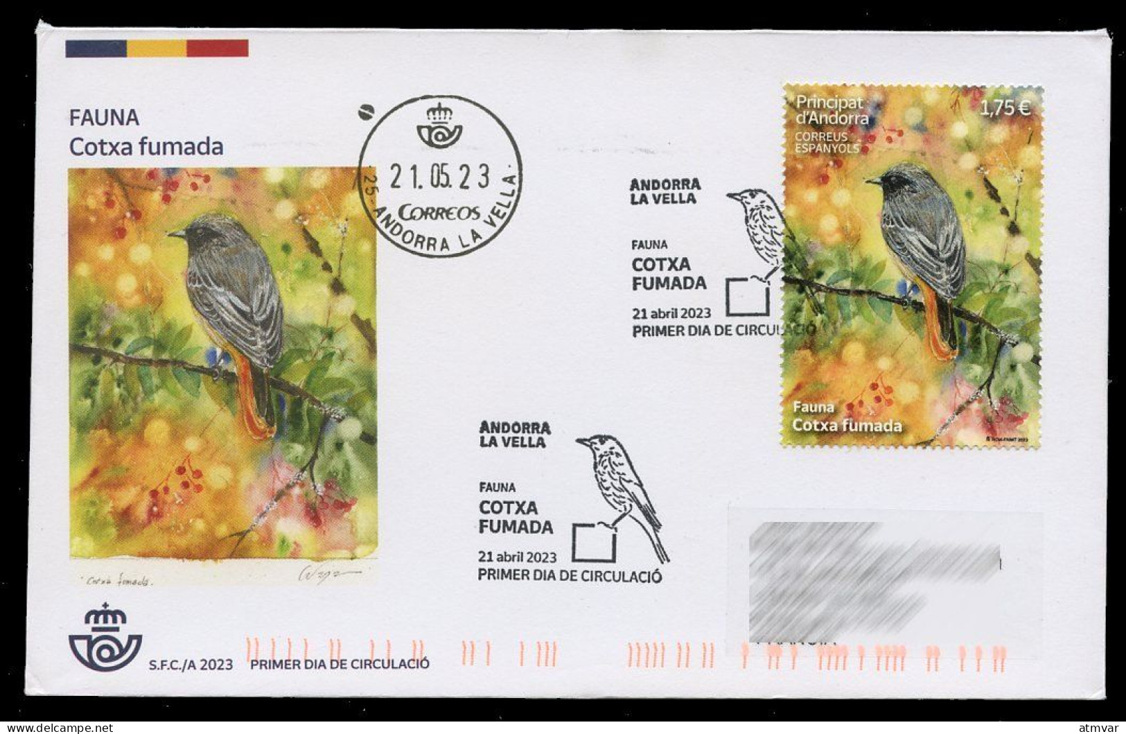 ANDORRA Correos (2023) Fauna Cotxa Fumada, Phoenicurus Ochruros, Black Redstart, Rougequeue Noir - First Day Cover - Lettres & Documents