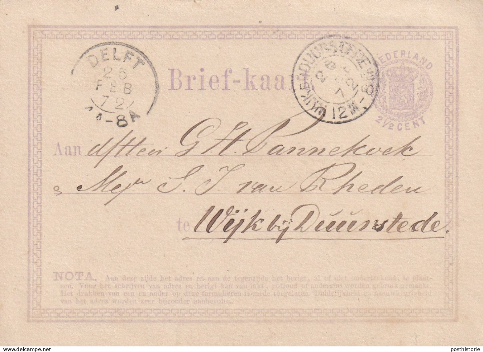 Briefkaart 25 Feb 1872 Delft (tweeletter) Naar Wijk Bij Duurstede (tweeletter) - Poststempels/ Marcofilie