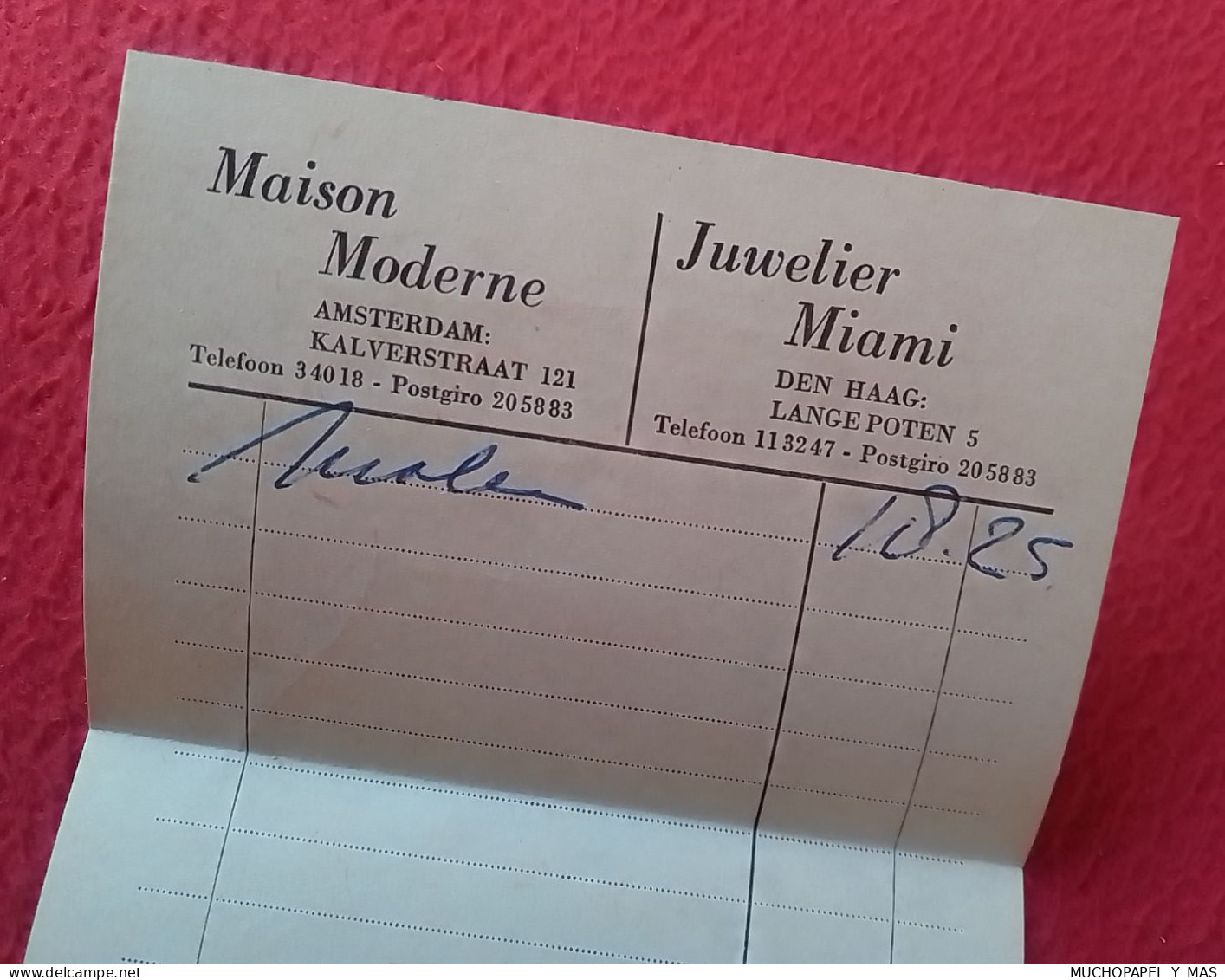 ANTIGUO ALBARÁN, RECIBO, TICKET DE COMPRA, HOJA DE PEDIDO O SIMIL MAISON MODERNE AMSTERDAM JUWELIER MIAMI DEN HAAG... - Niederlande