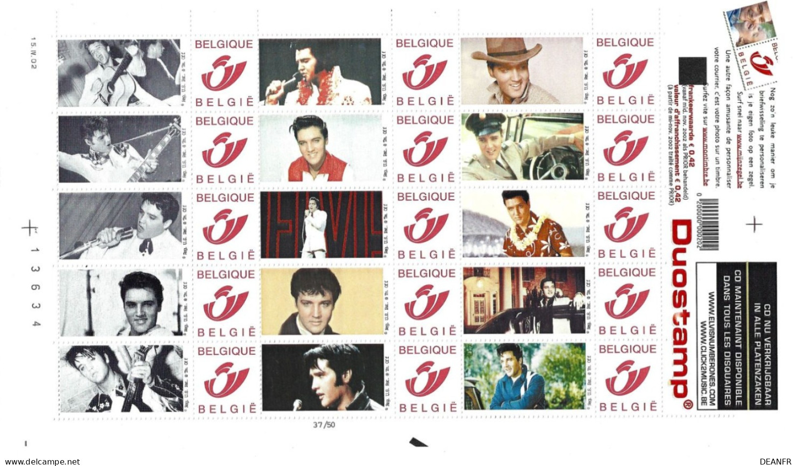 COB N° 3182 : Feuille Entière De 15 Timbres Sans Indication De Valeur Avec Validité Permanente; Duostamp Elvis. - 1991-2000