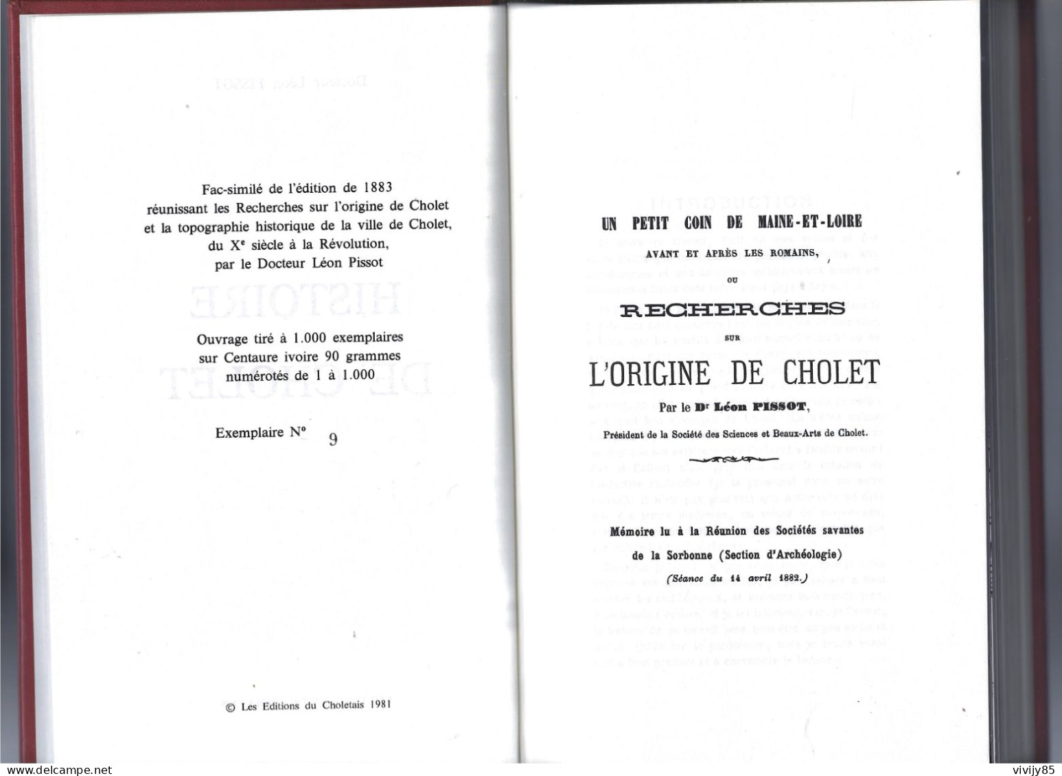 49 - CHOLET - Beau livre numéroté " Histoire de Cholet " par le Docteur Léon Pissot