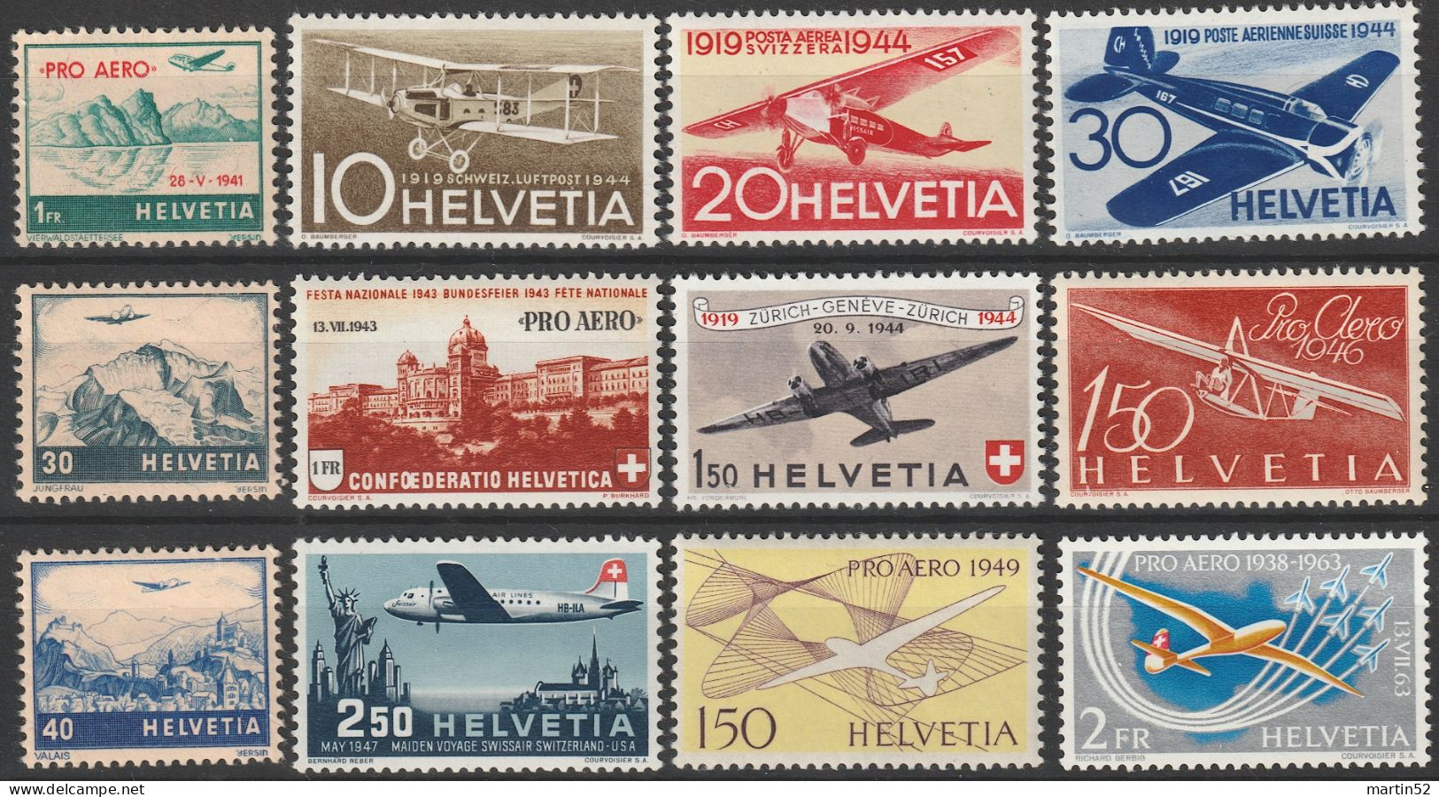 Schweiz-Suisse Pro Aero 1941-1963: Zu F35-F46 Mi 395/780 Yv  PA34a-PA45 Komplettes Set ** Postfrisch MNH (Zu CHF 239.00) - Unused Stamps