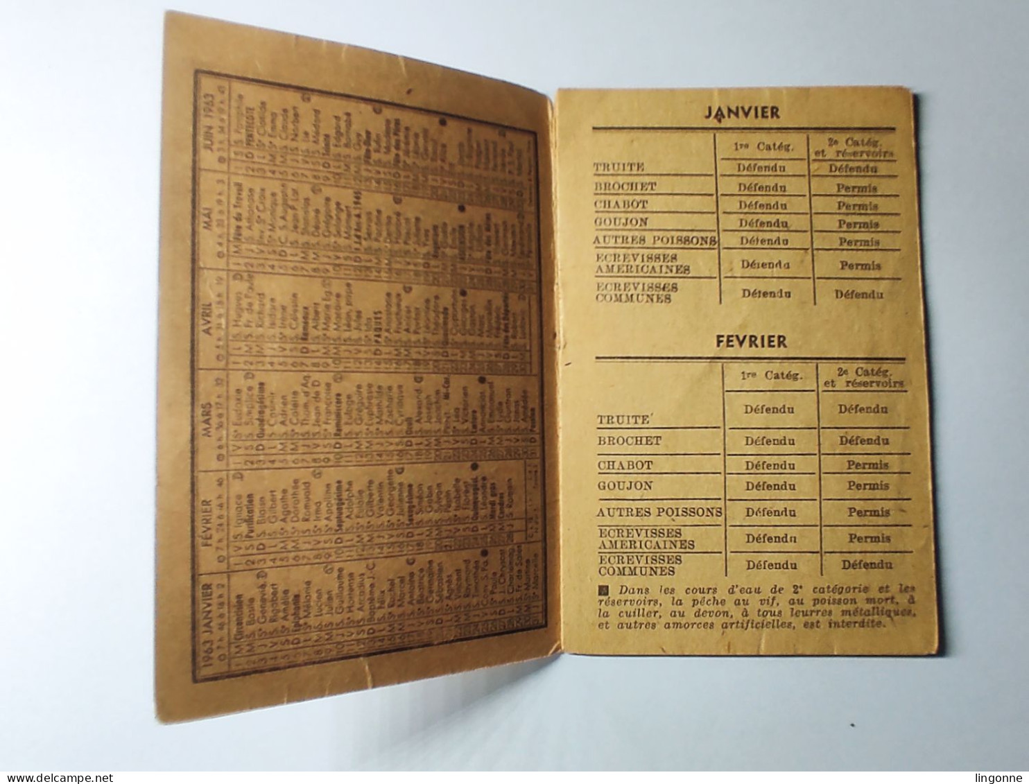 1963 Calendrier De La Pêche En Haute Marne 52 -  Classement Des Cours D'Eau, Poissons. Imp De L'EST CHAUMONT - Kleinformat : 1961-70