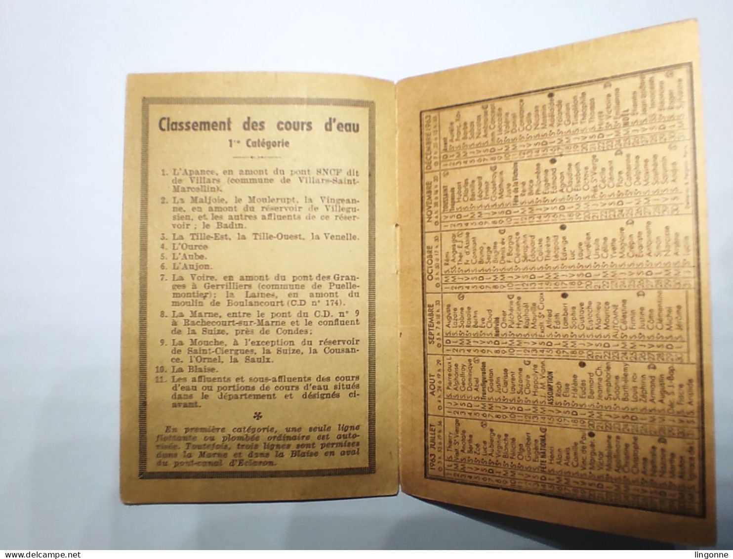 1963 Calendrier de la Pêche en Haute Marne 52 -  Classement des Cours d'Eau, Poissons. Imp de l'EST CHAUMONT