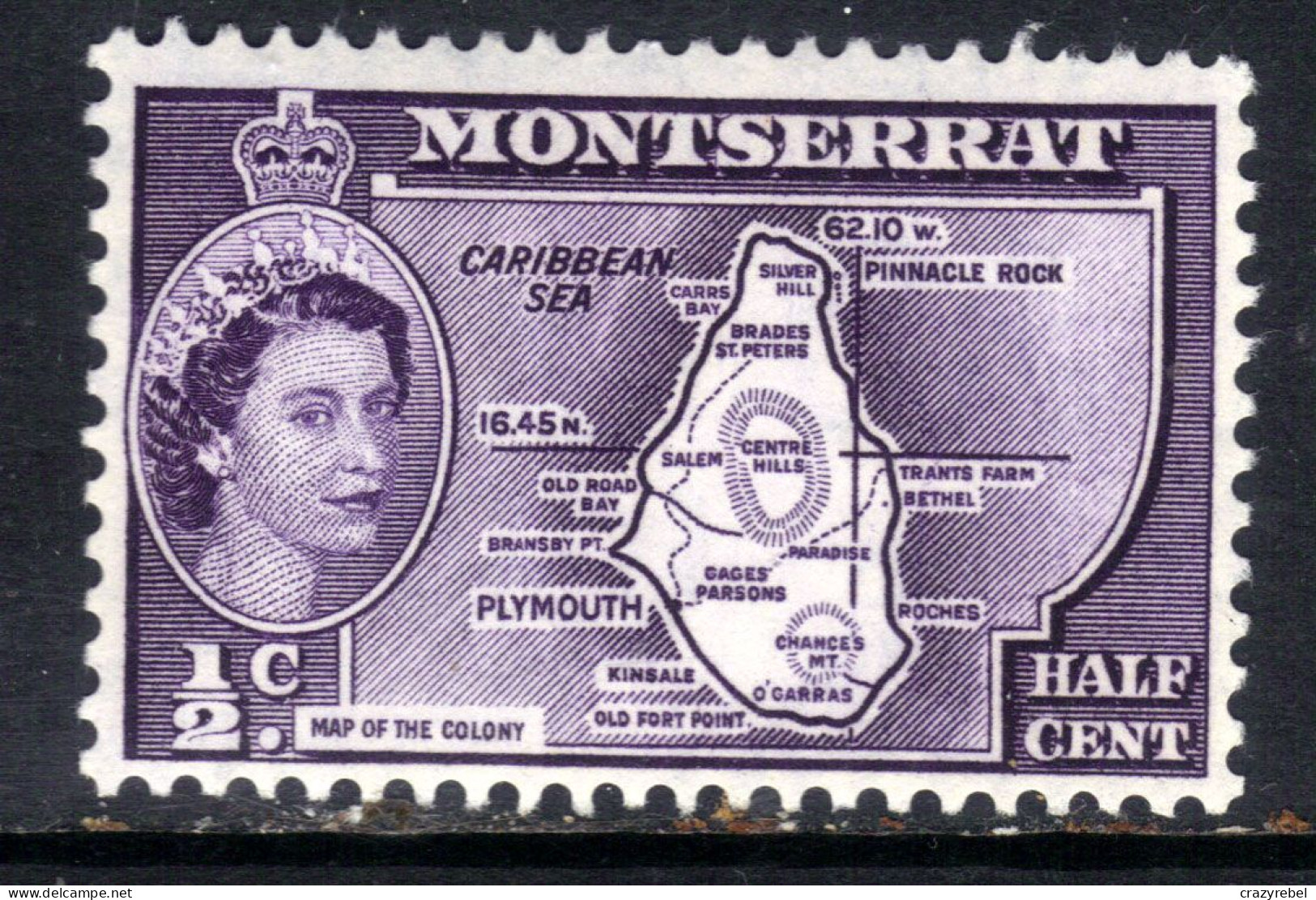 Montserrat 1958 QE2 1/2ct Deep Violet Umm SG 136b Die 2 ( H329 ) - Montserrat