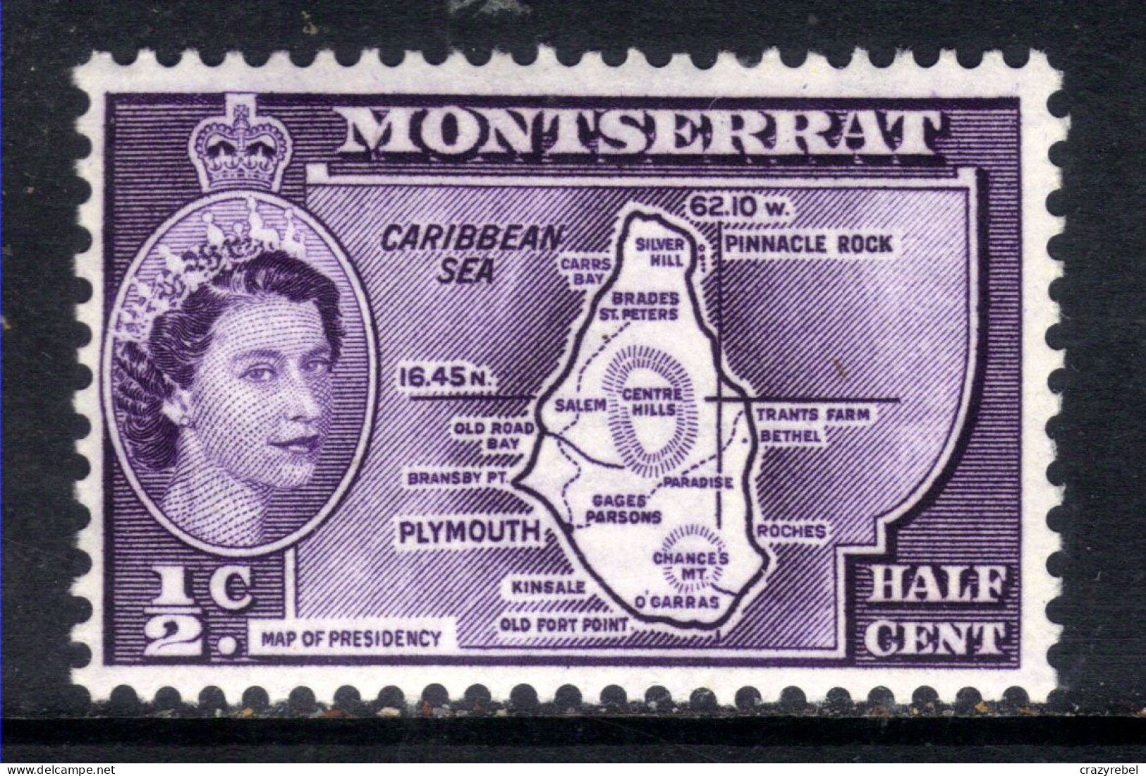 Montserrat 1958 QE2 1/2ct Deep Violet MM SG 136a Die 1 ( H173 ) - Montserrat