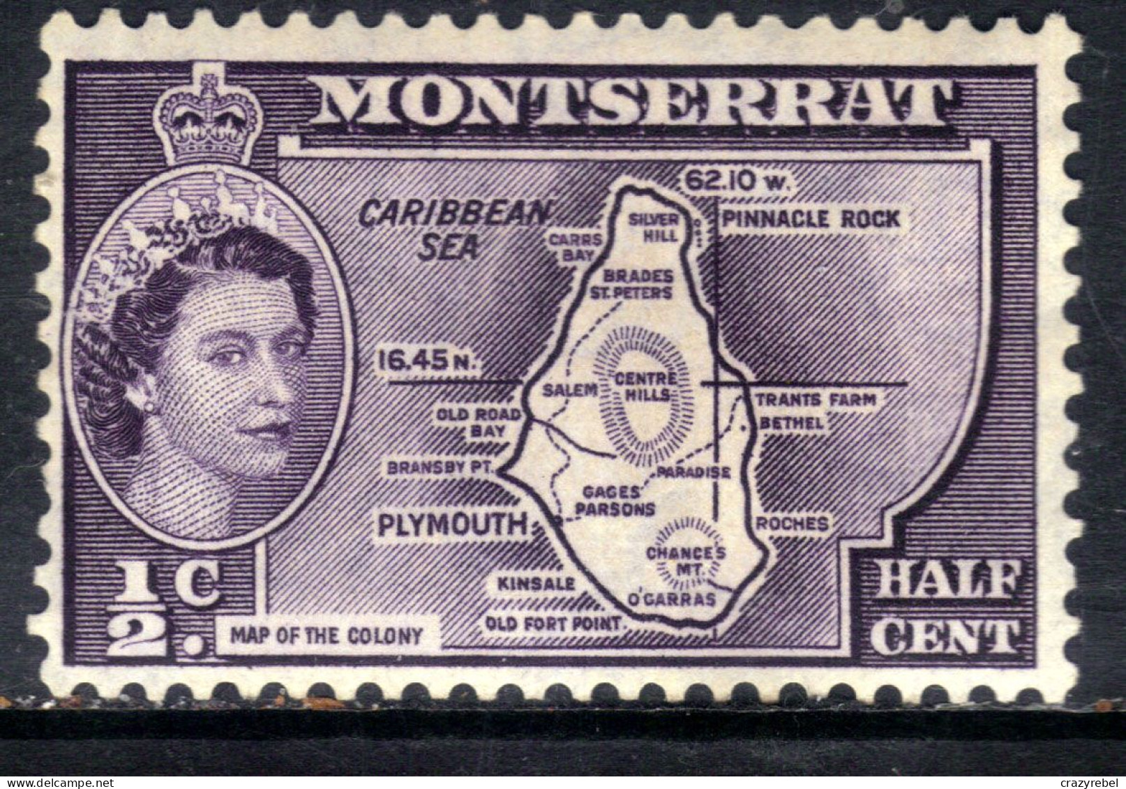 Montserrat 1958 QE2 1/2ct Deep Violet MM SG 136b Die 2 ( H245 ) - Montserrat