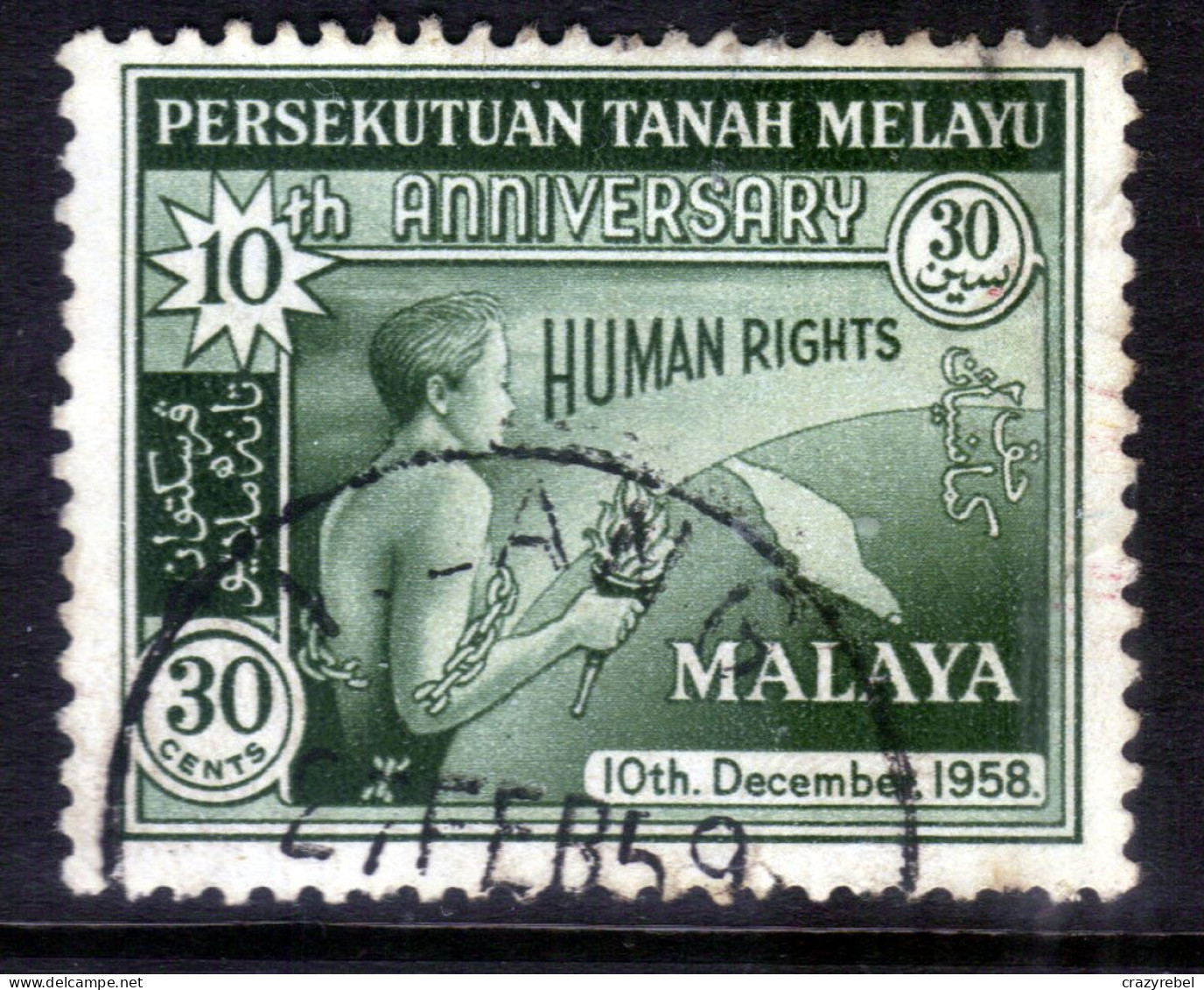 Malaya Federation 1958 QE2 30ct Green Human Rights Used SG 11 ( E1342 ) - Federated Malay States