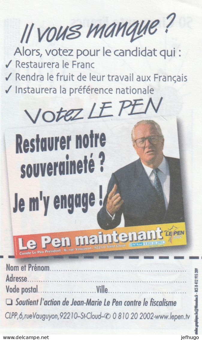 55 - SPECIMEN BILLET DE 50 FRANCS . VOTEZ LE PEN  SOUTIENT . SCAN R.V. - Ficción & Especímenes