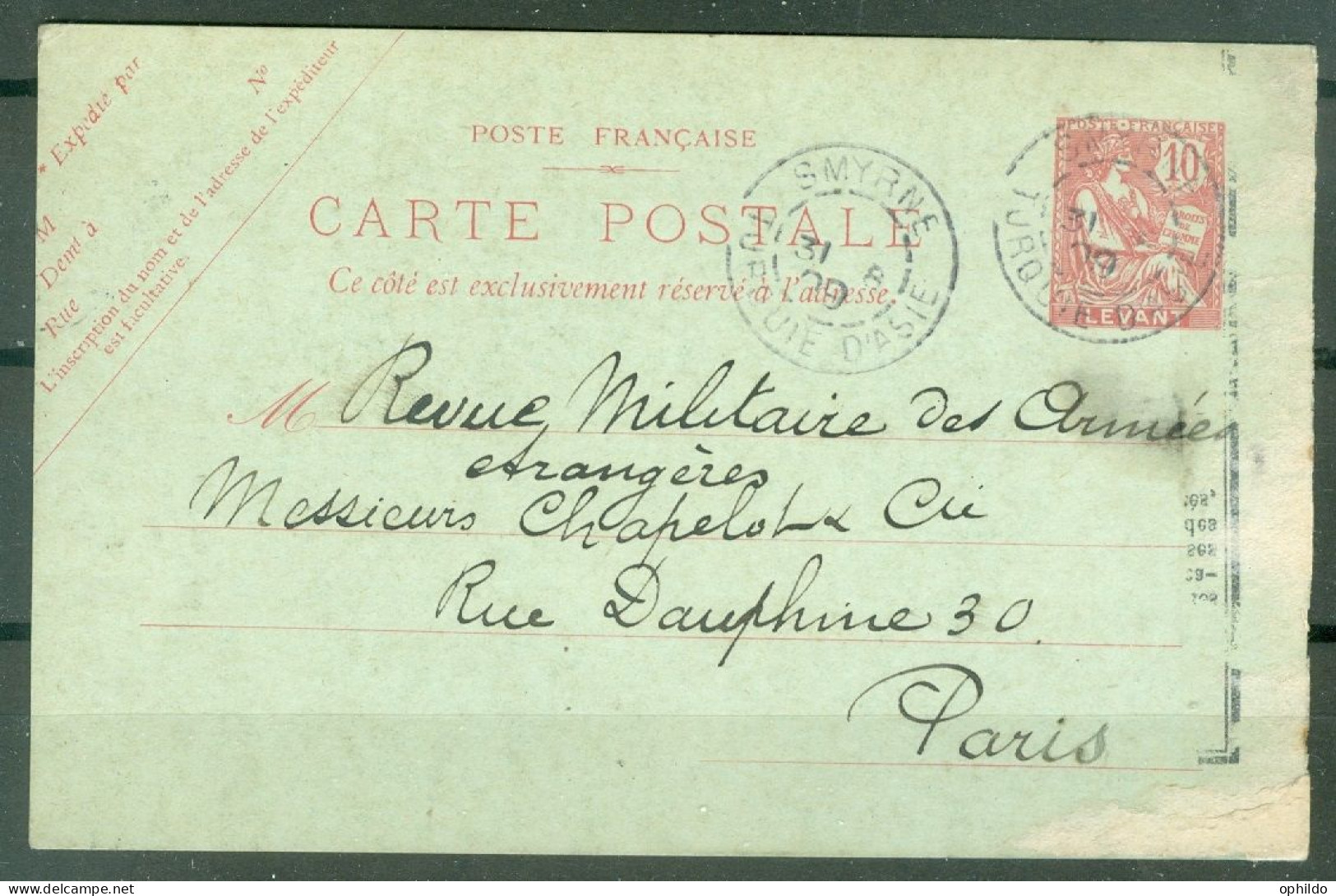 Levant CP Entier Mouchon Smyrne Turquie D'Asie Pour Paris Aout 1909 - Lettres & Documents