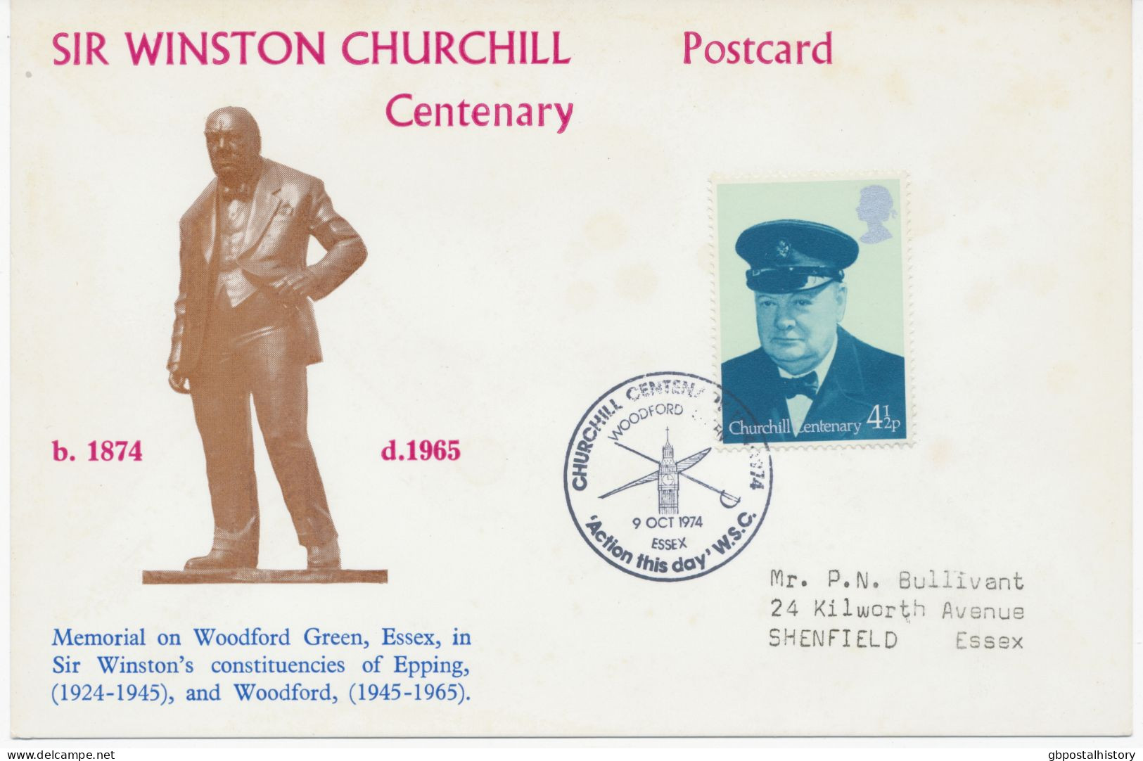 GB SPECIAL EVENT POSTMARKS 1974 CHURCHILL CENTENARY 1974 WOODFORD GREEN ESSEX 9 OCT 1974  'Action This Day'  W.S.C. On - Covers & Documents