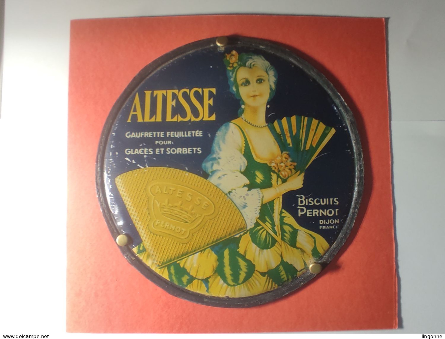 Ancien Couvercle De Boite Métal ALTESSE Gaufrette Feuilletée Pour Glaces Et Sorbets Biscuits PERNOT Dijon - Poids 75 Grs - Dosen