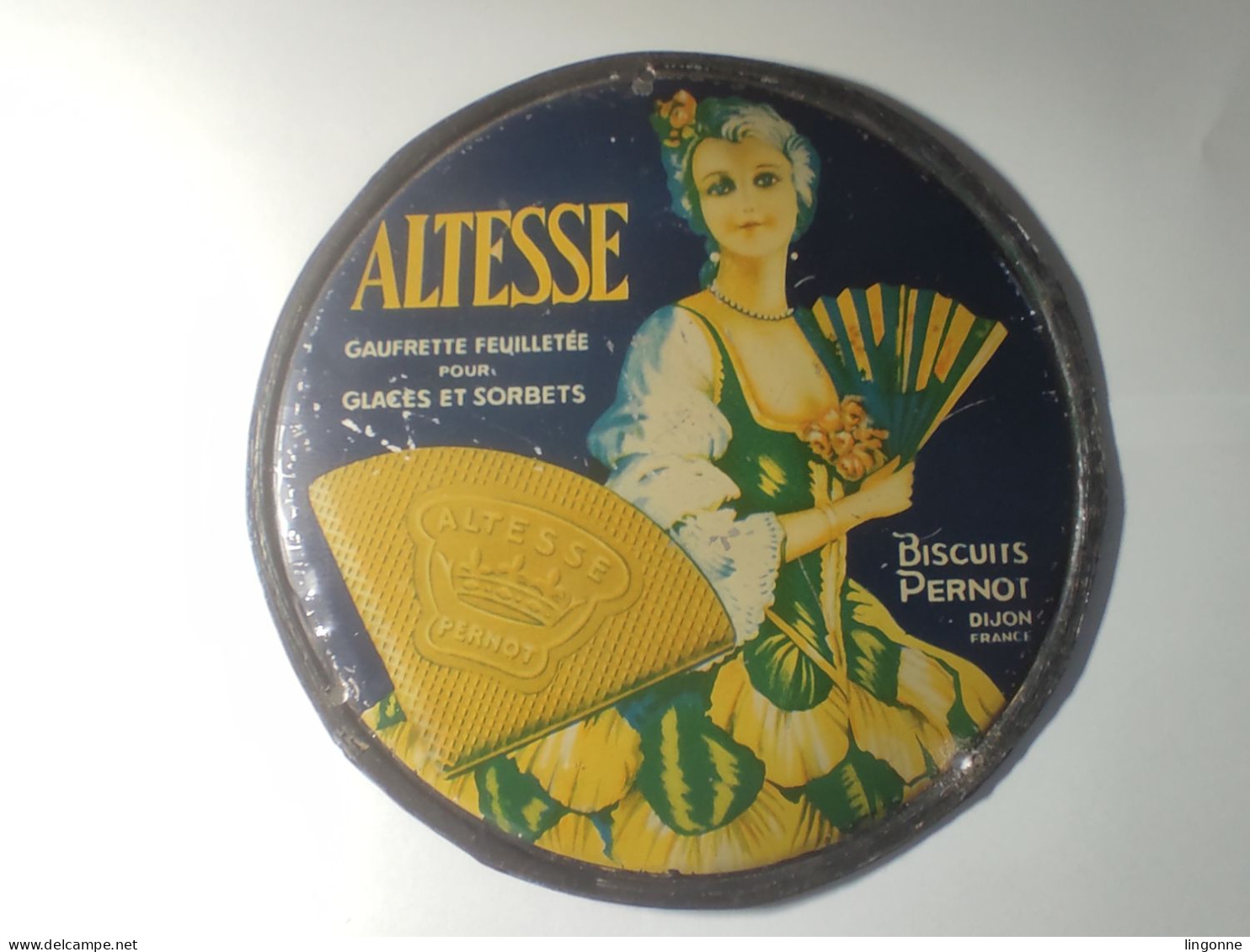 Ancien Couvercle De Boite Métal ALTESSE Gaufrette Feuilletée Pour Glaces Et Sorbets Biscuits PERNOT Dijon - Poids 75 Grs - Boîtes