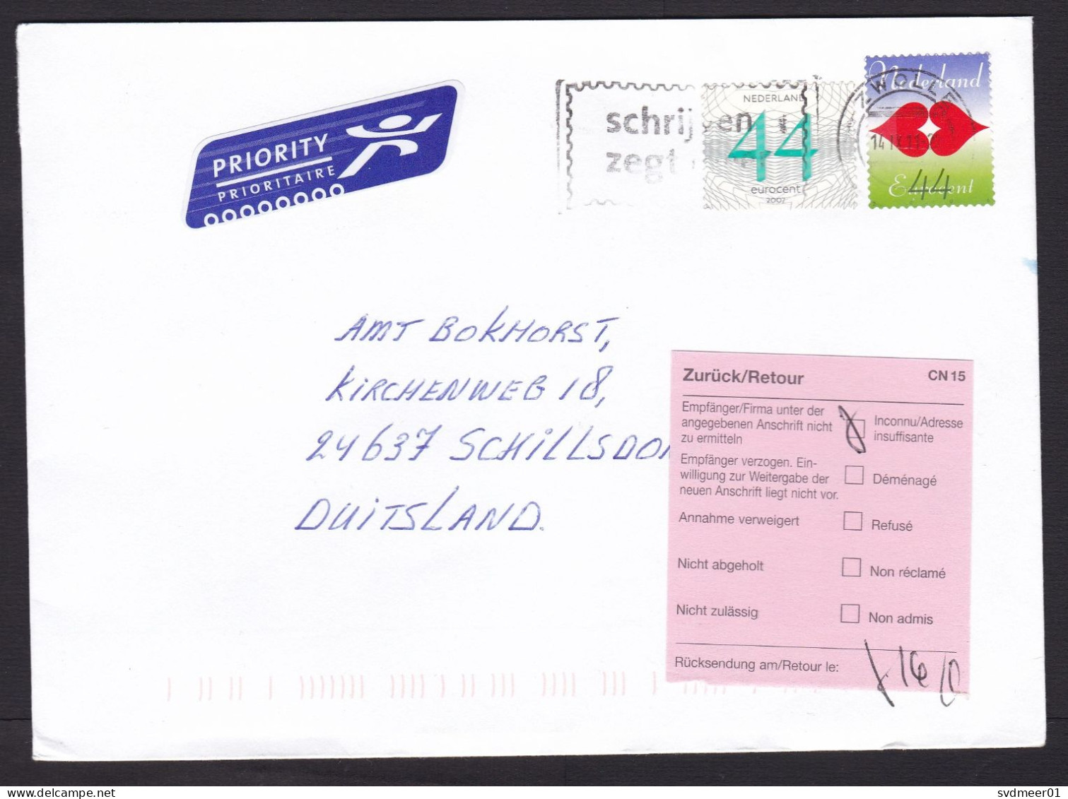 Netherlands: Priority Cover To Germany, 2011, 2 Stamps, Love, Returned, CN15 Retour Label (minor Damage At Back) - Storia Postale