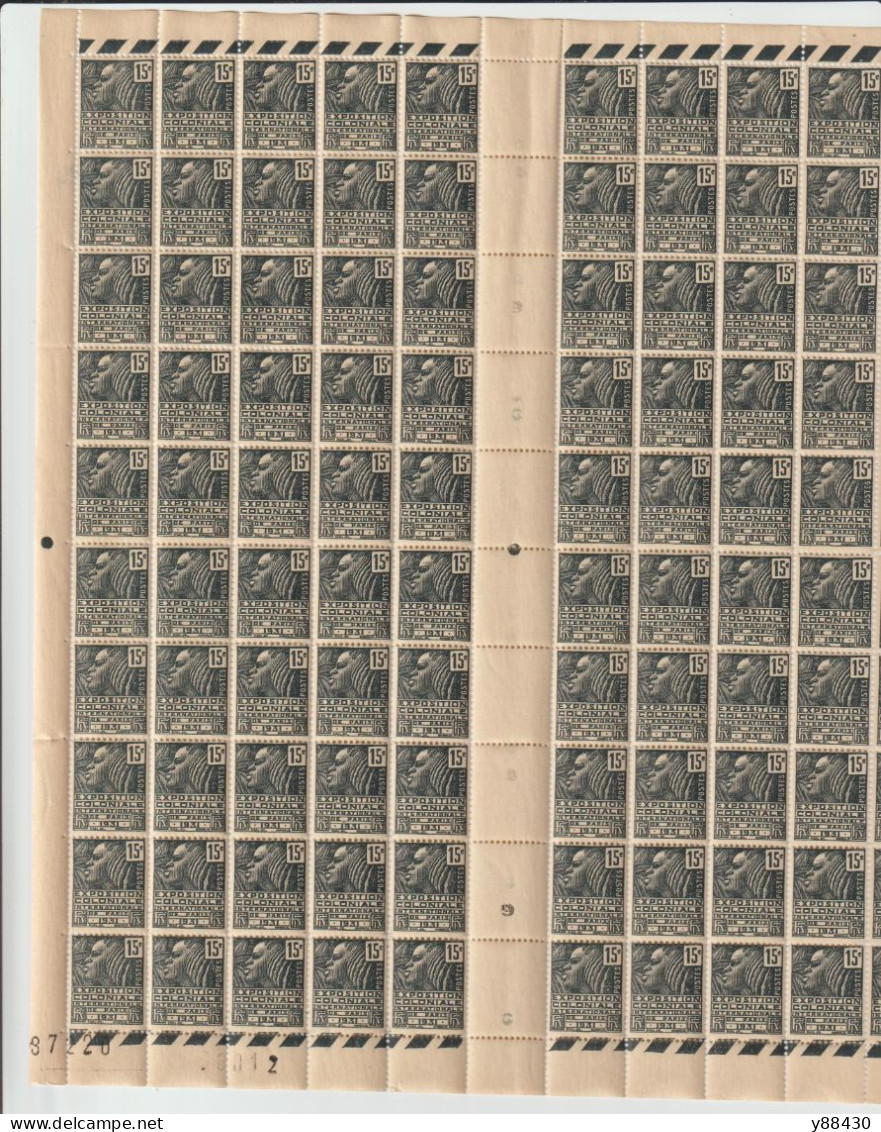 270 De 1930 - Feuille Daté & N° De 100 Timbres Neufs** - Expo. Coloniale Inter.de Paris - 15c.gris. Femme Fachi - 8 Scan - Neufs
