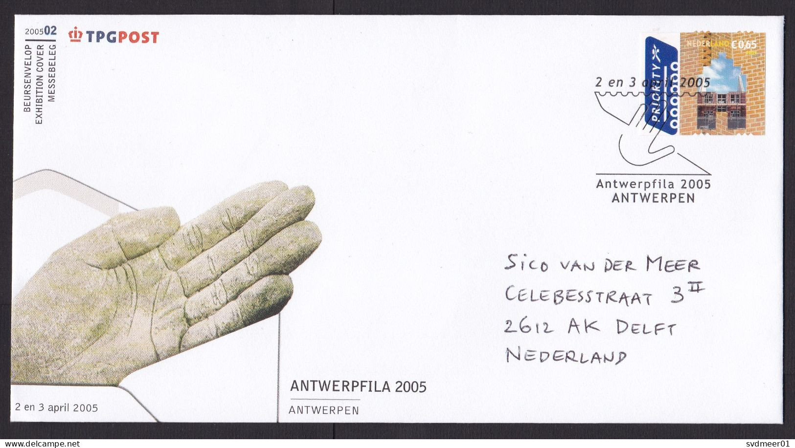 Netherlands: Commemorative Cover, 2005, 1 Stamp, Special Cancel, Exhibition AntwerpFila Belgium, Hand (traces Of Use) - Lettres & Documents