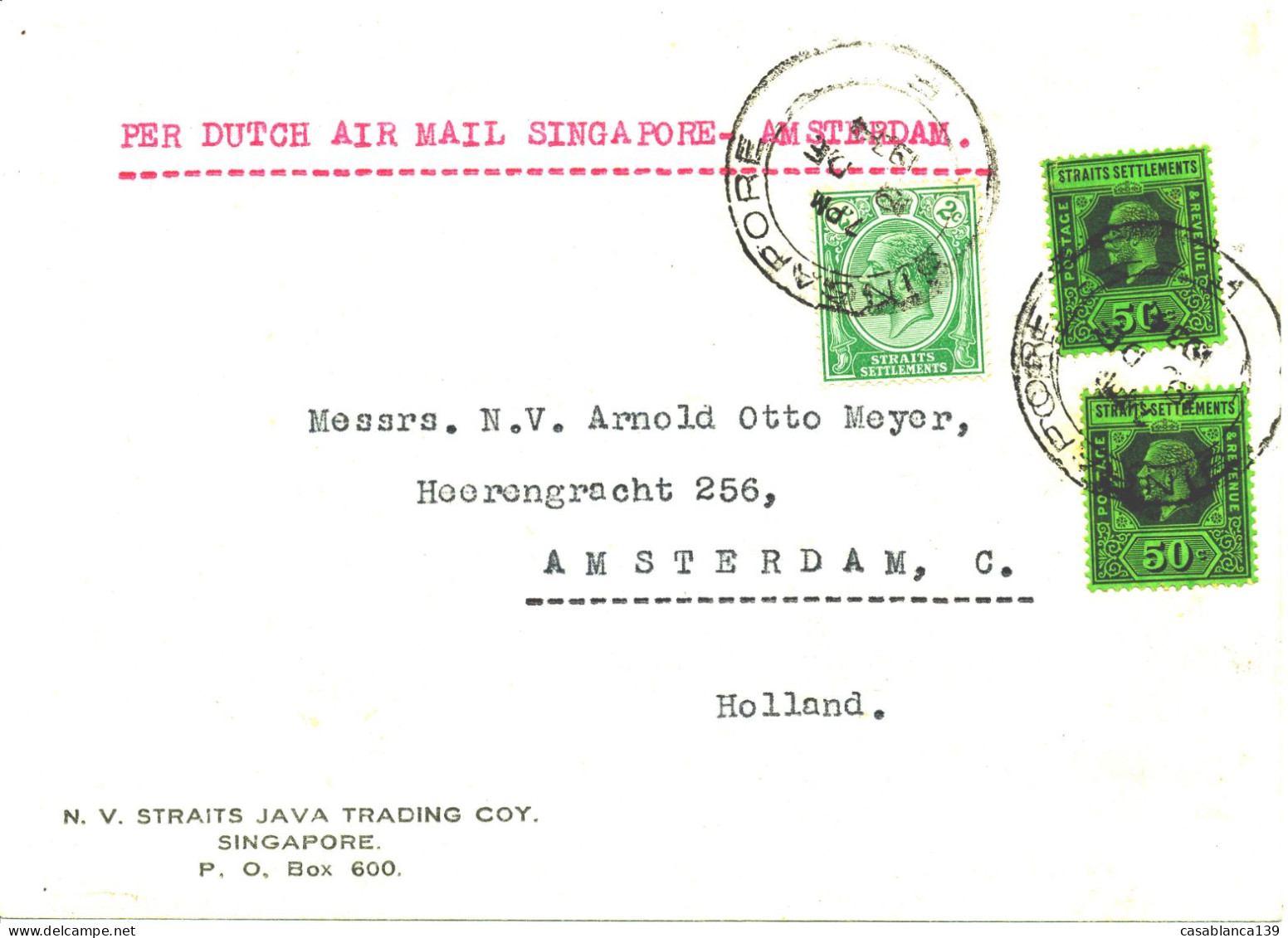 Singapore Airmail Business Letter To Amsterdam 1934, Mi. 163, 2x 185, Backside Agfa Pub Label, Clean Letter - Straits Settlements