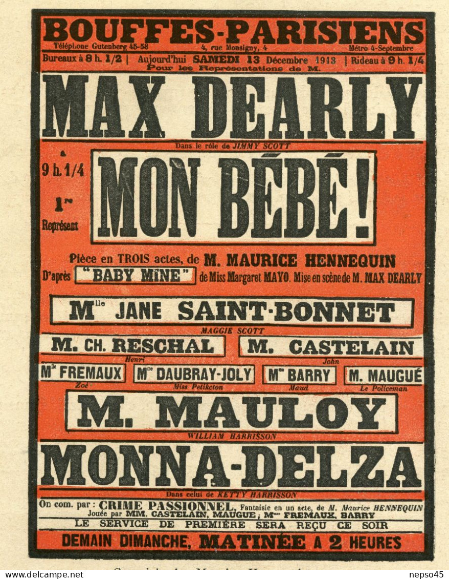 Théâtre.Bouffes-Parisiens.Mon Bébé.Maurice Hennequin.Max Dearly.Mauloy.Reschal.Maugué.Castelain.Monna.Deltat.Barry. - Andere & Zonder Classificatie