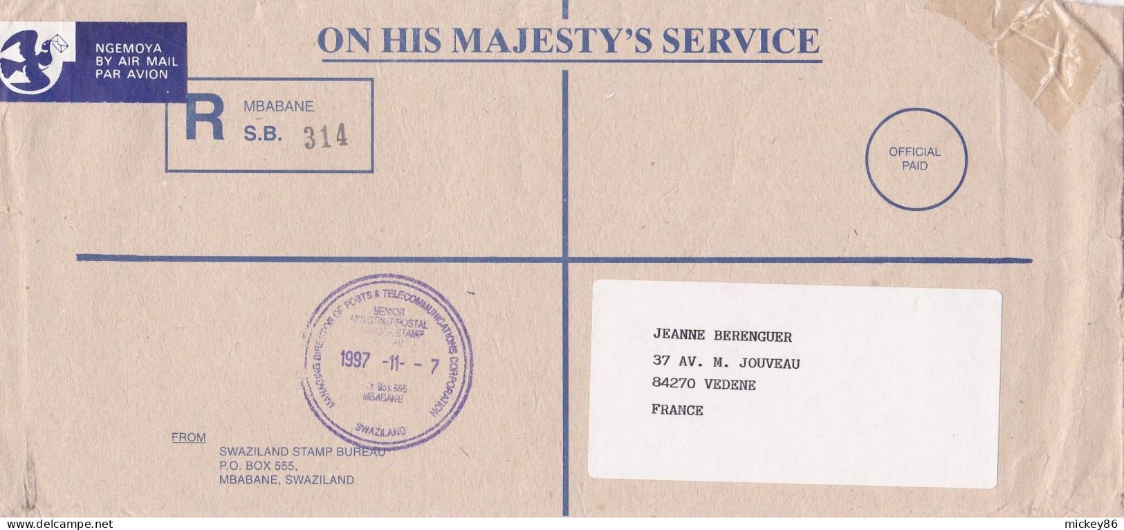 SWAZILAND - 1997--Lettre Recommandée De MBABANE  Pour VEDENE-84 (France)-Franchise Postale "Majesty's Service"...cachets - Swaziland (1968-...)