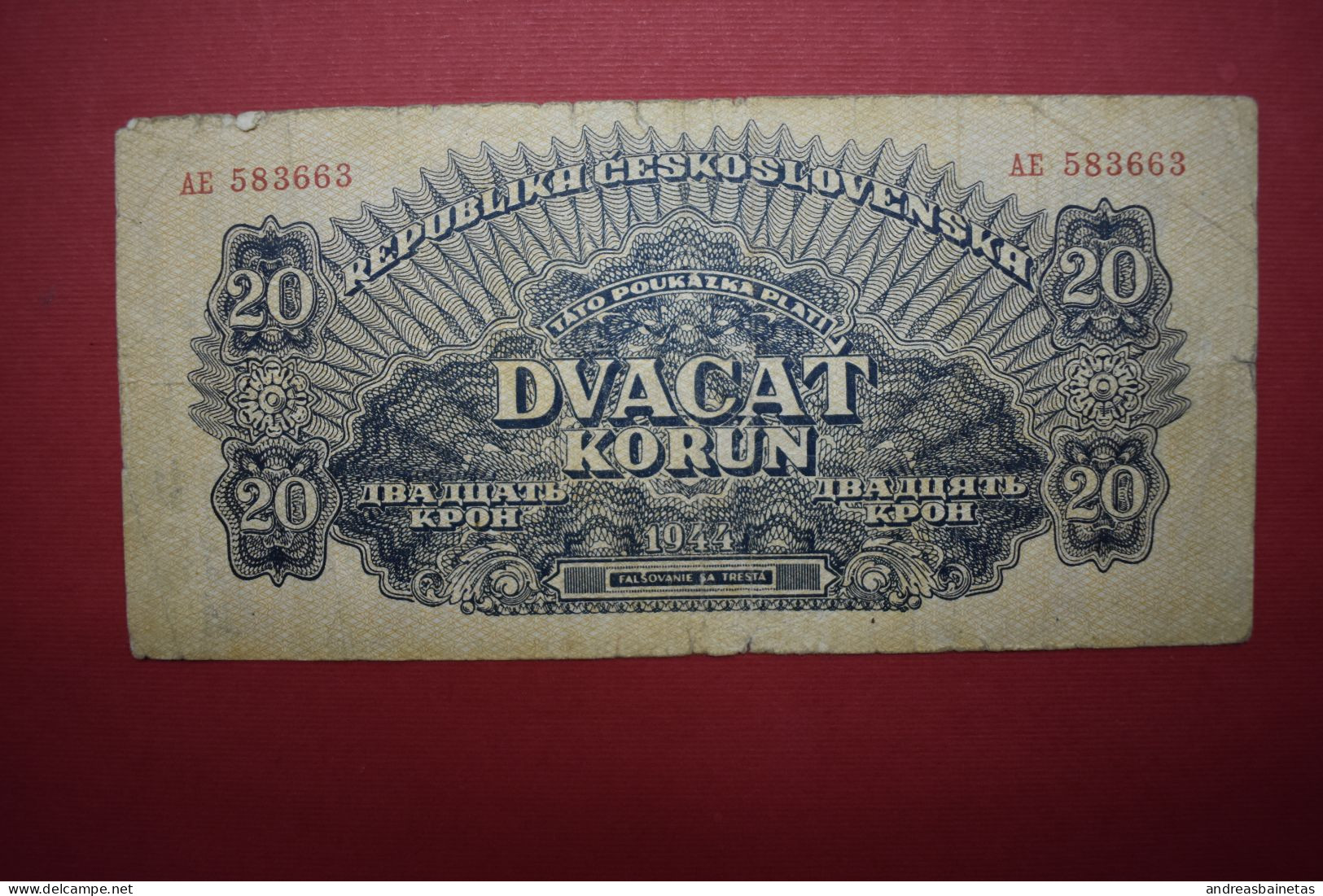 Banknotes  Czechoslovakia 20 Korun 1944 P# 47 - Checoslovaquia