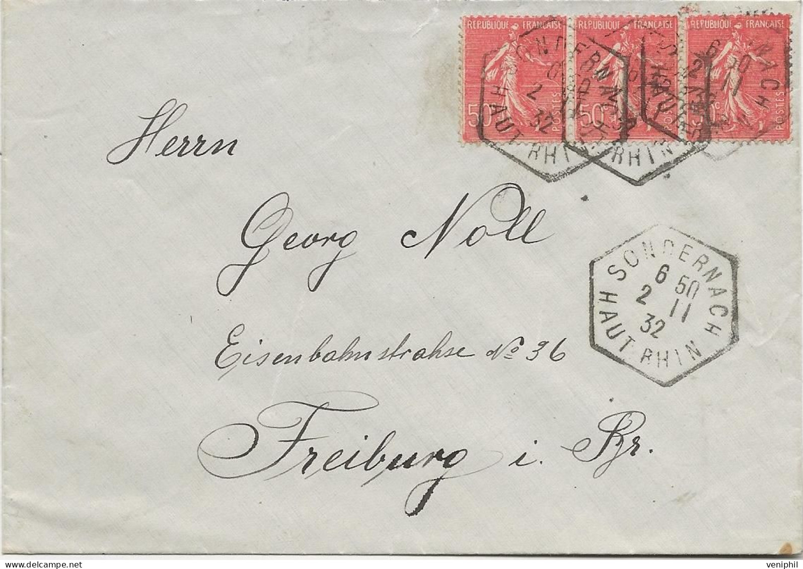 LETTRE ALSACE - SONDERNACH  -HT RHIN - OBLITERATION OCTOGONALE -1932-AFFRANCHISSEMENT N° 199 X3 - Mechanical Postmarks (Other)