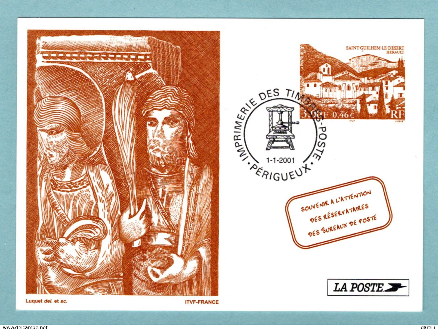 Pseudo Entier Postal Sur CP De 2001 Avec Timbre  "Saint Guilhem Le Désert" Imprimerie Périgueux - Pseudo-officiële  Postwaardestukken