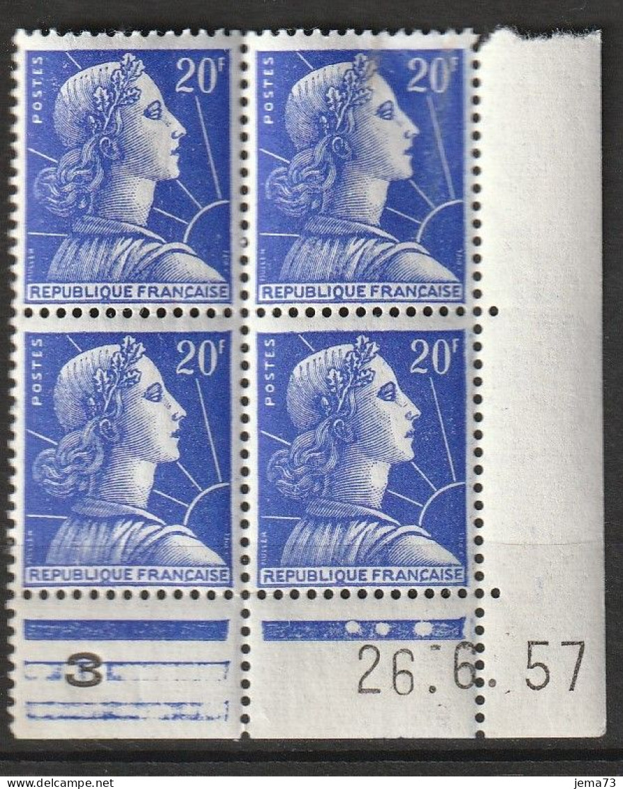 N° 1011B Marianne De Muller: Beau Bloc De 4 Timbres Neuf Impéccable Coins Datés 16.6.57 - 1950-1959