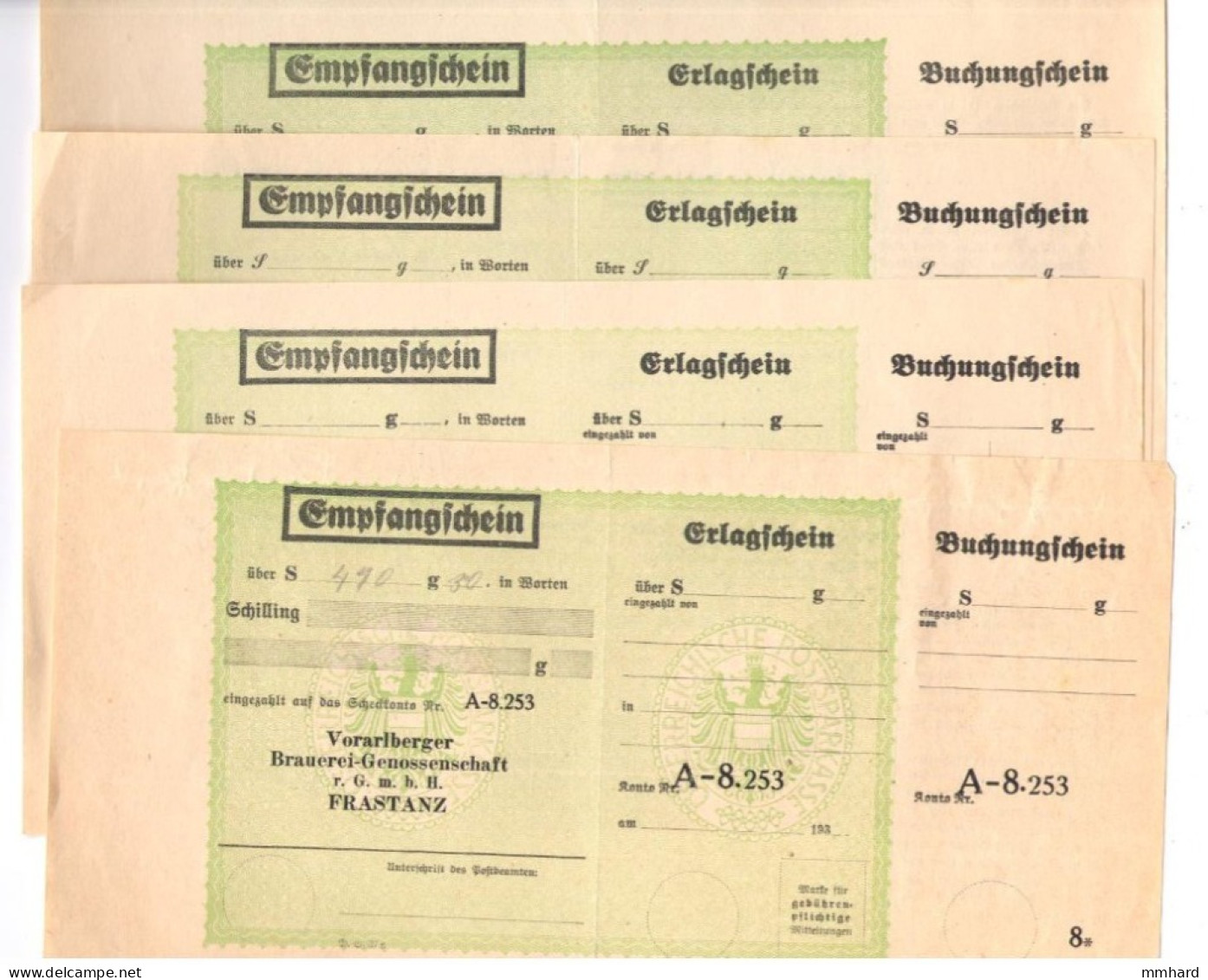 4 Stk Komplette  Erlagscheine Um 1930 D. Brauerei Genossenschaft Frastanz Frastanzer Bier Vorarlberg - Österreich