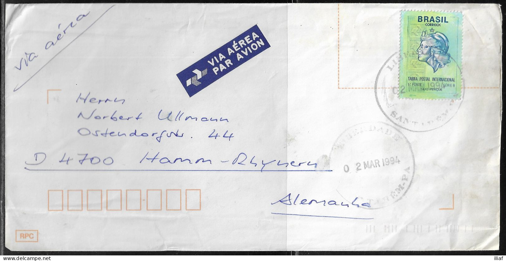 Brazil. Stamp Sc. 2431 On Airmail Letter, Sent From Santorini On 2.03.1994 To Germany - Storia Postale