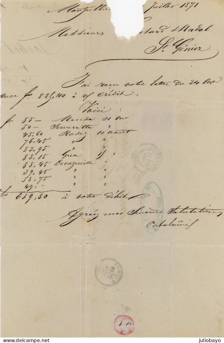 28 Juillet 1871 N°48 TTB Tres Belle Nuance,GC 2502 Montpellier Vers Saint Géniez Hérault , Signé Calves - 1849-1876: Klassik