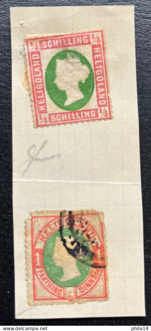 LOT DE 2 TIMBRES HELIGOLAND  / 1/4 SCHILLING NEUF AVEC CHARNIERE / 1 FARTHING PFENNIG OBLITERE / DEFAUTS - Héligoland