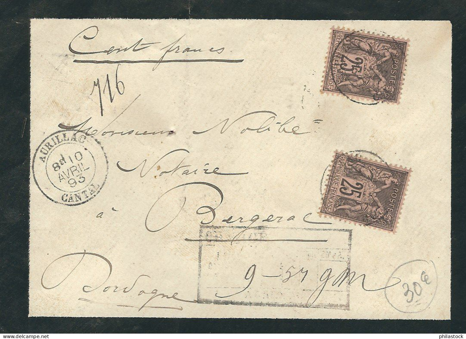 FRANCE 1893 N° 97 X 2 Obl. S/Lettre Chargée D'Aurillac Pour Bergerac - 1898-1900 Sage (Type III)