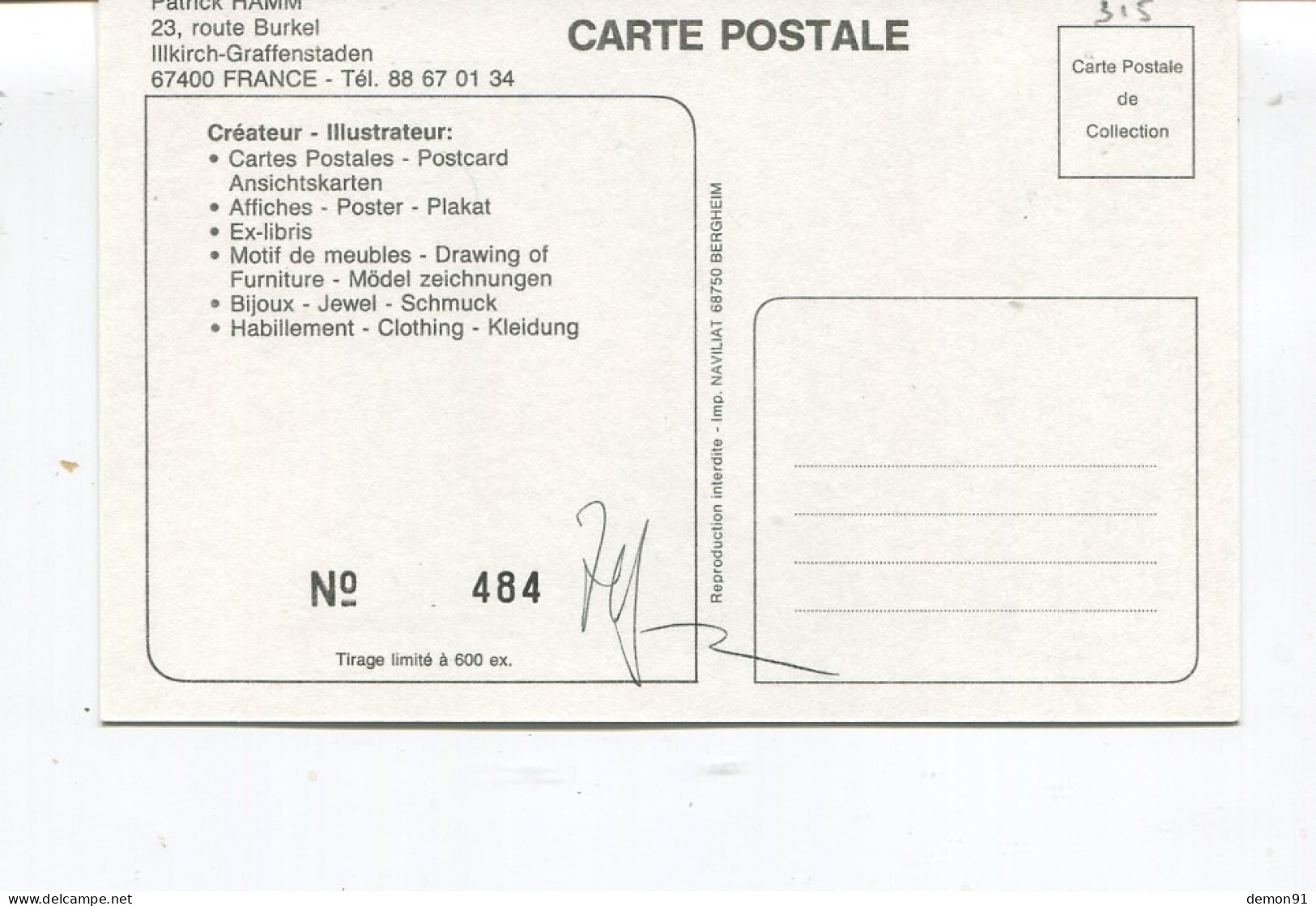 Illustrateur - Patrick HAMM - Carte De Présentation - Signature Autographe  - Tour Eiffel - - Hamm